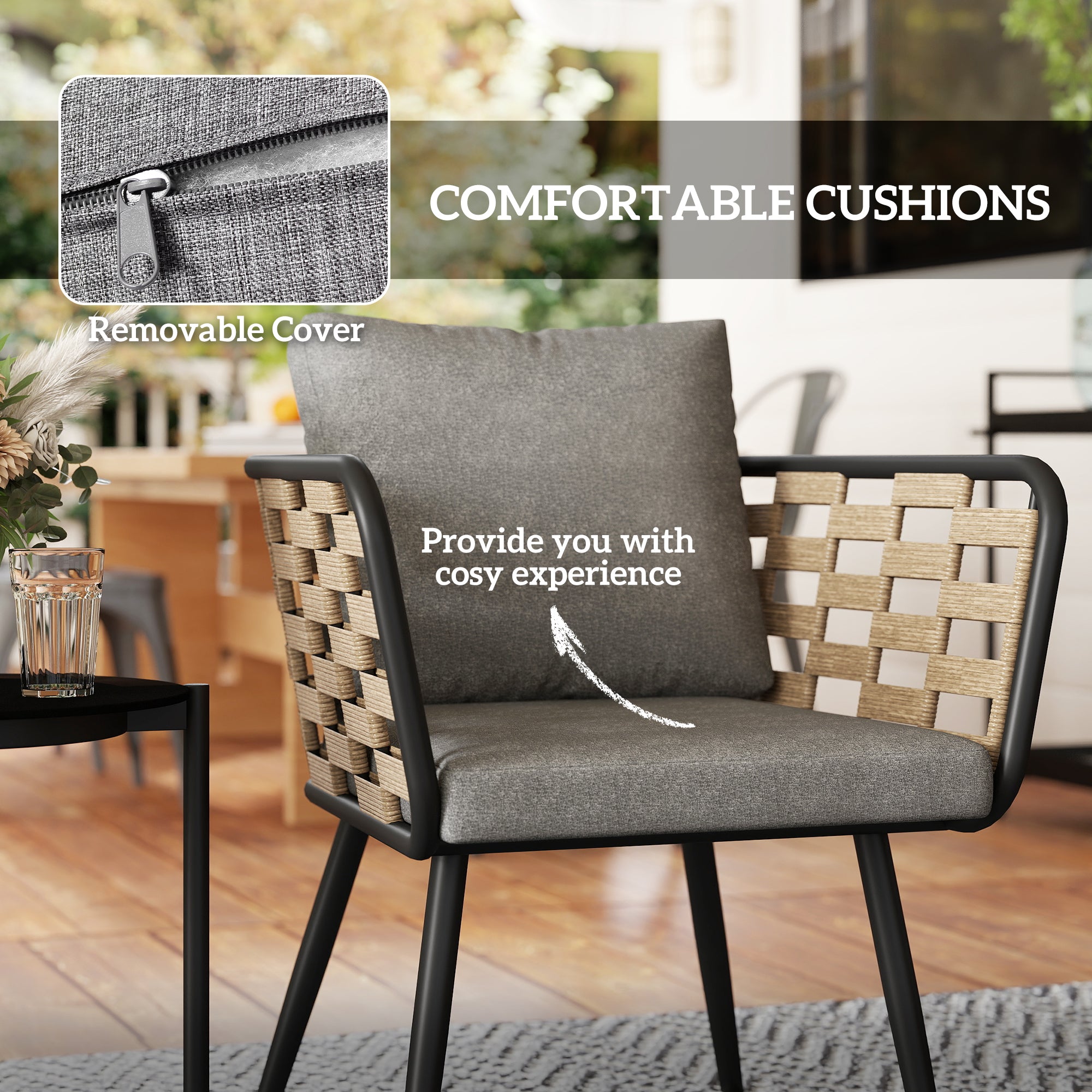 3 Pieces Rattan Bistro Set with Washable Seat and Back Cushions, Glass Top Coffee Table, for Outdoor, Patio, Black