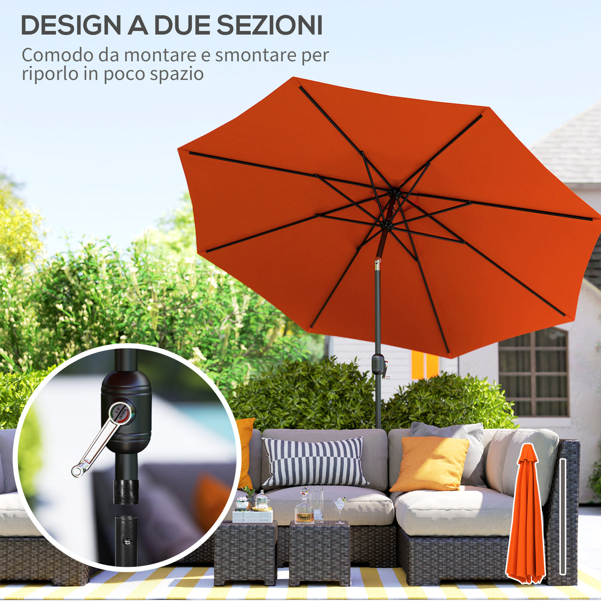 3m Garden Parasol Umbrella with 8 Ribs, Tilt & Crank Handle for Balcony & Garden - Orange