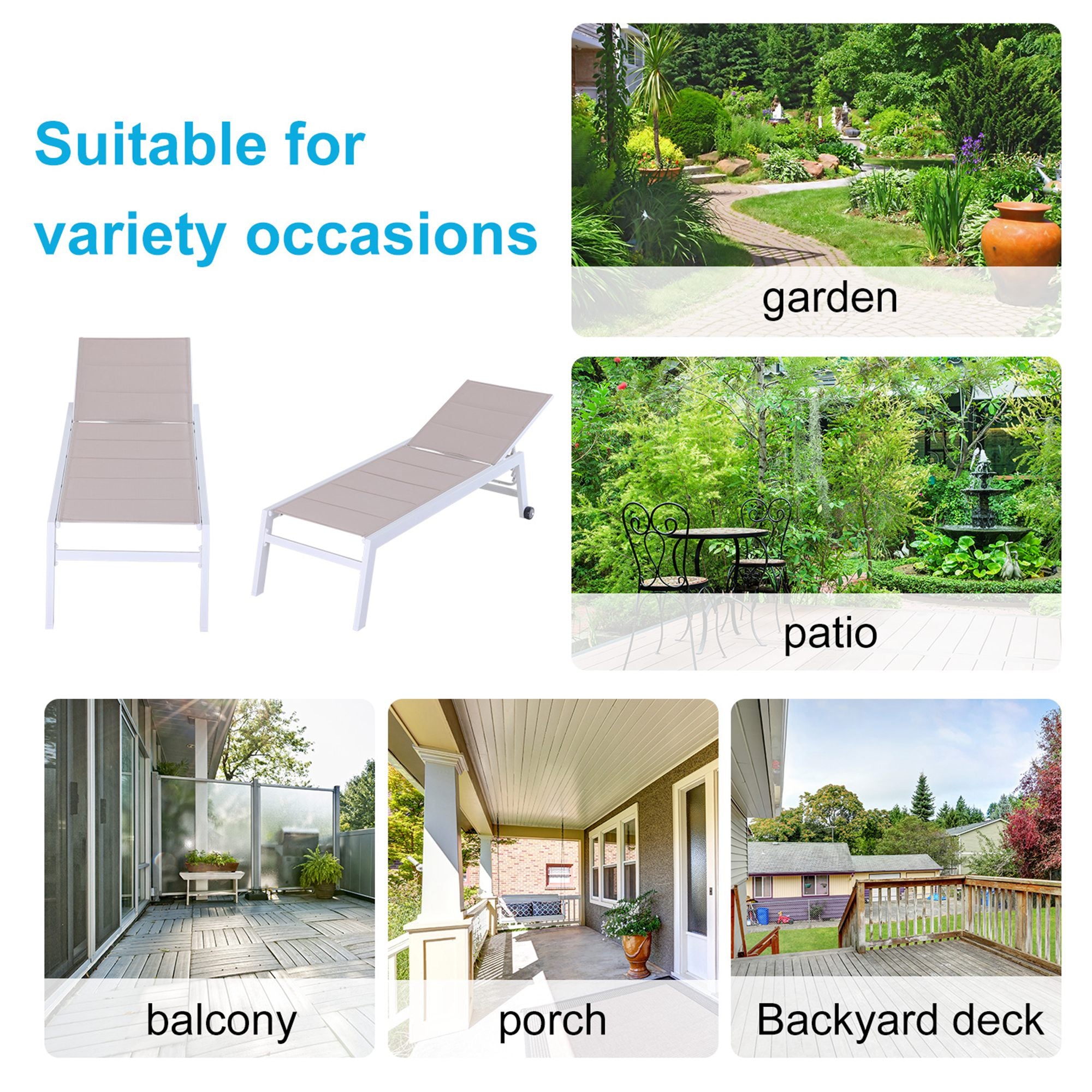 Aluminium Frame Outdoor Garden Sun Lounger w/ Wheels White/Beige