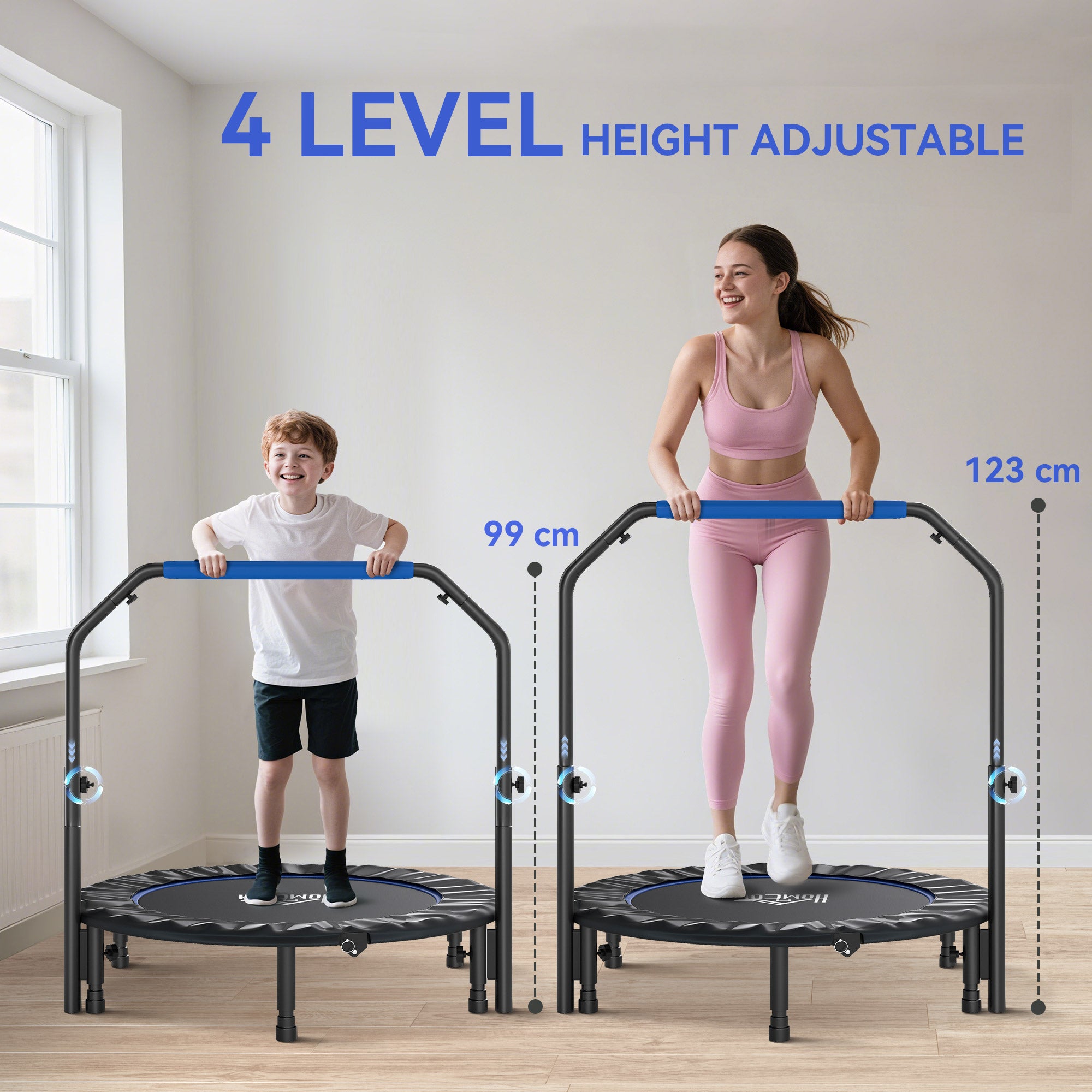 45" Foldable Mini Fitness Trampoline, with Adjustable Foam Handle, Blue