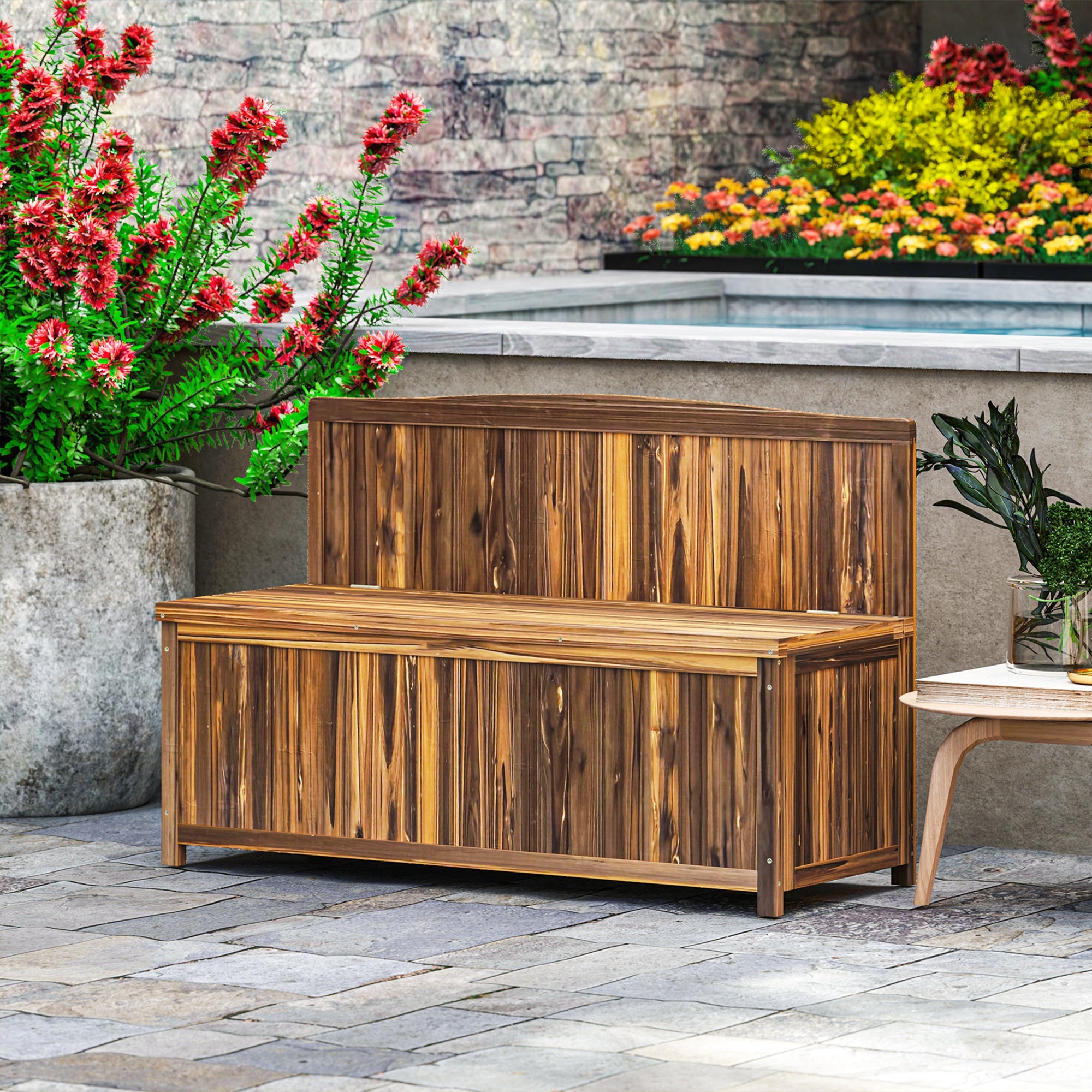 Wood Storage Bench with Ergonomic Design and Varnished Fir Wood - Brown
