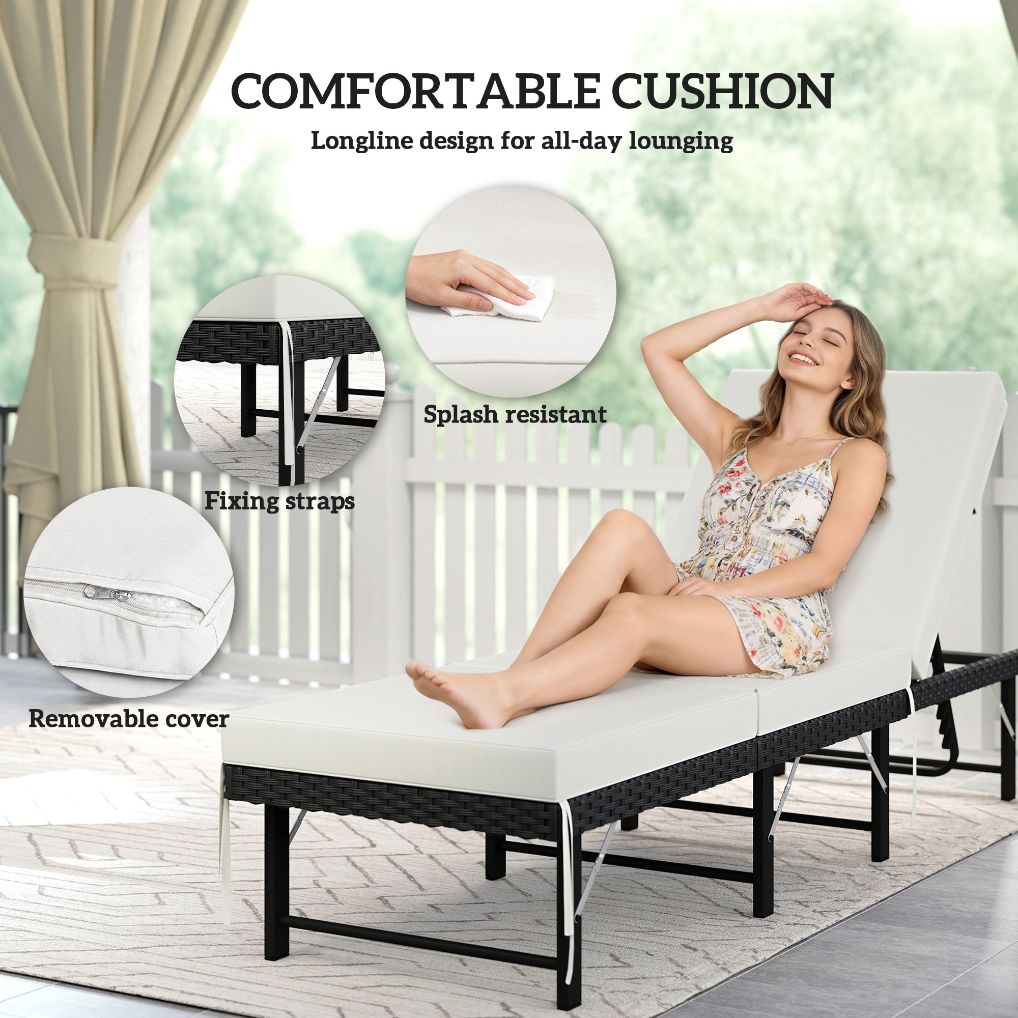 Single Folding Rattan Sun Lounger, with Cushion - Black