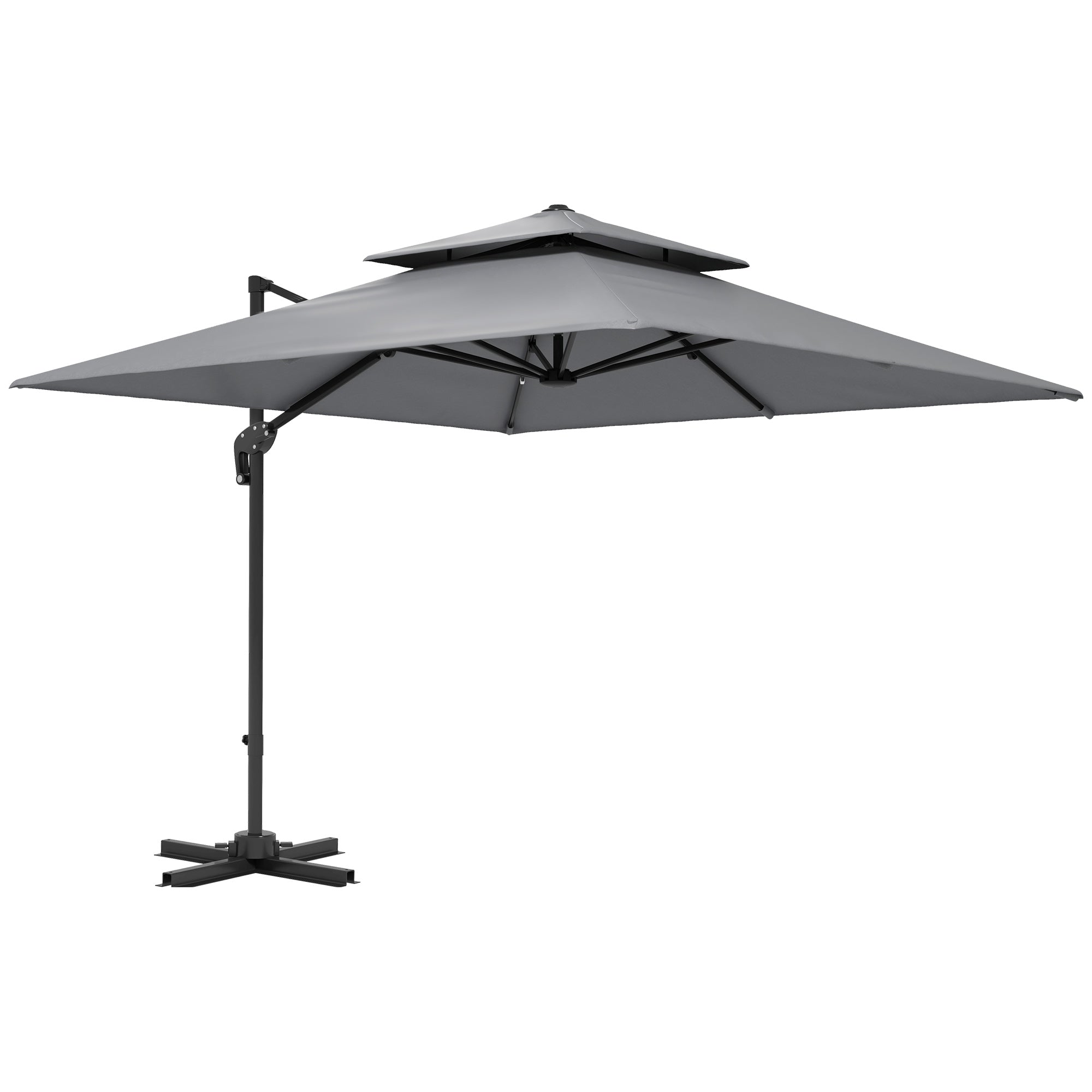 3 x 3m Cantilever Parasol with Aluminium Frame, Crank, Tilt & 360° Rotation, Double Top Garden Umbrella with Base and Cover - Light Grey
