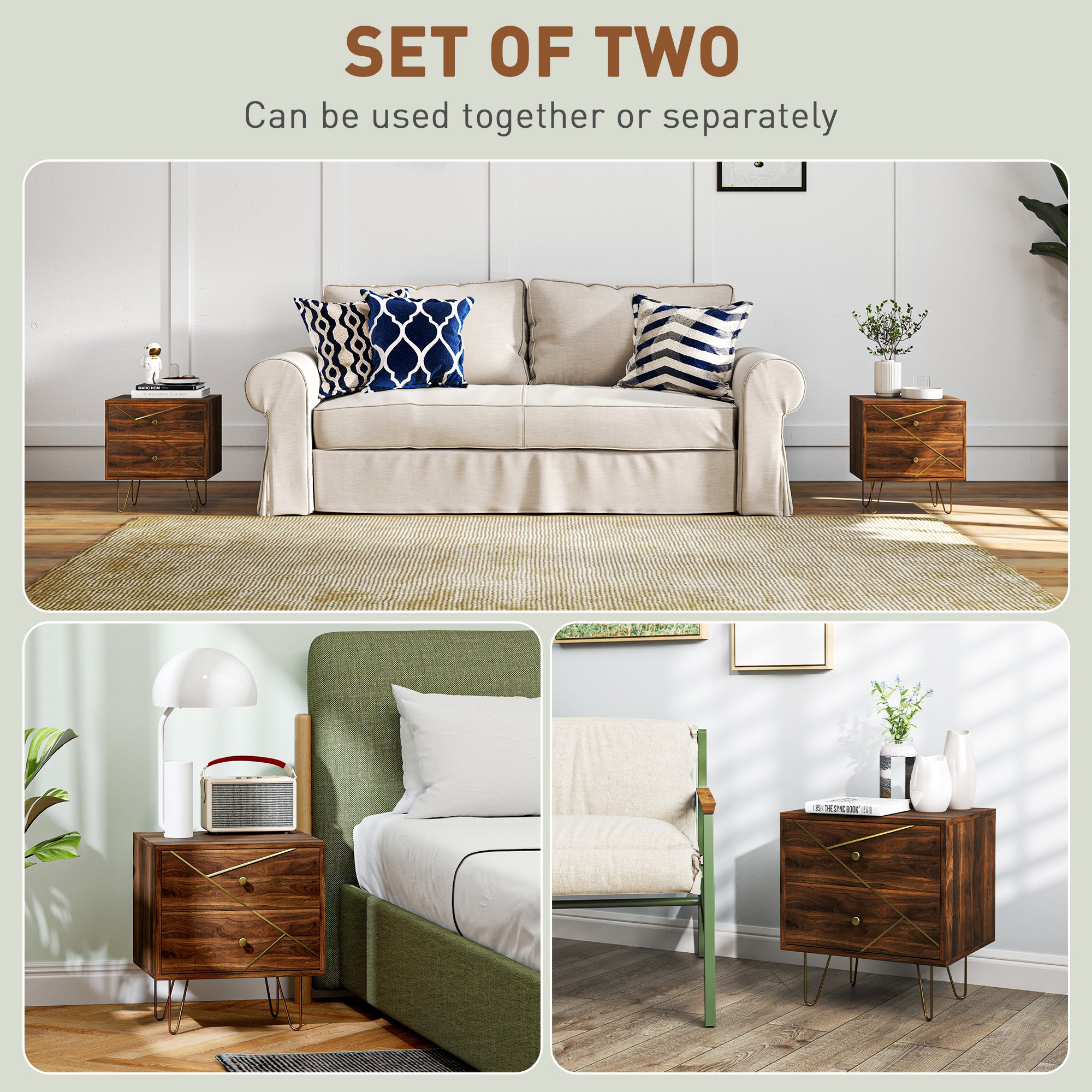 Bedside Tables Set of 2, Modern Side Table Set with 2 Drawers and Steel Hairpin Legs, Nightstand for Bedroom, Brown Wood Grain