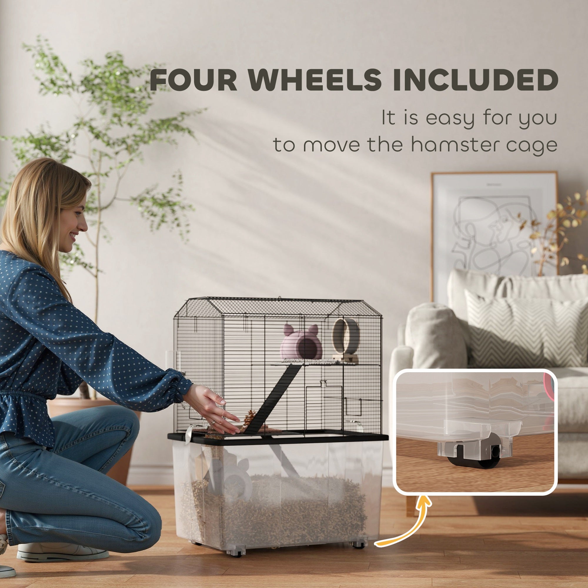 Three-Tier Gerbil and Hamster Cage with Food Dish, Water Bottle & Wheels - Black