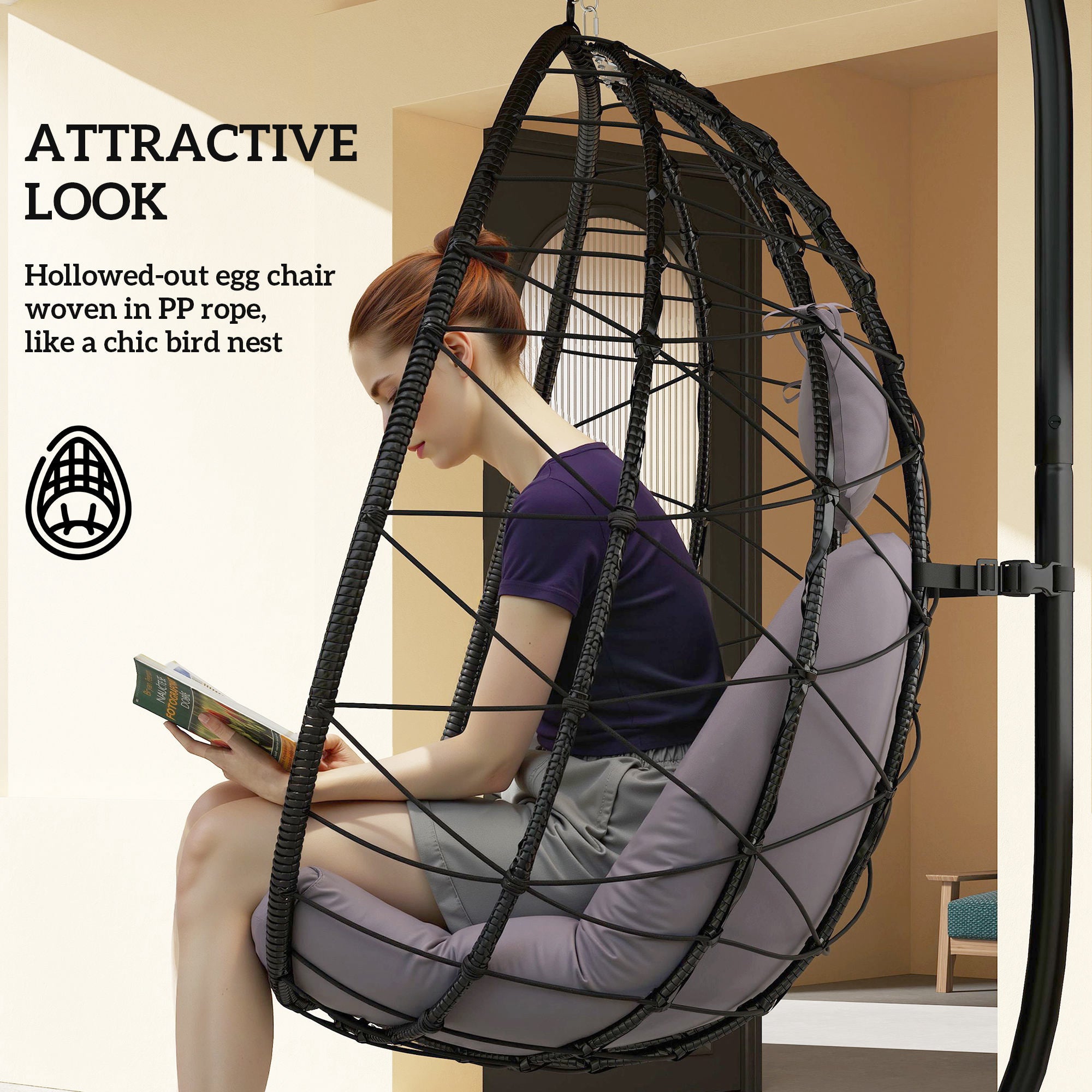 Hanging Egg Chair with Stand and Thick Cushion Grey