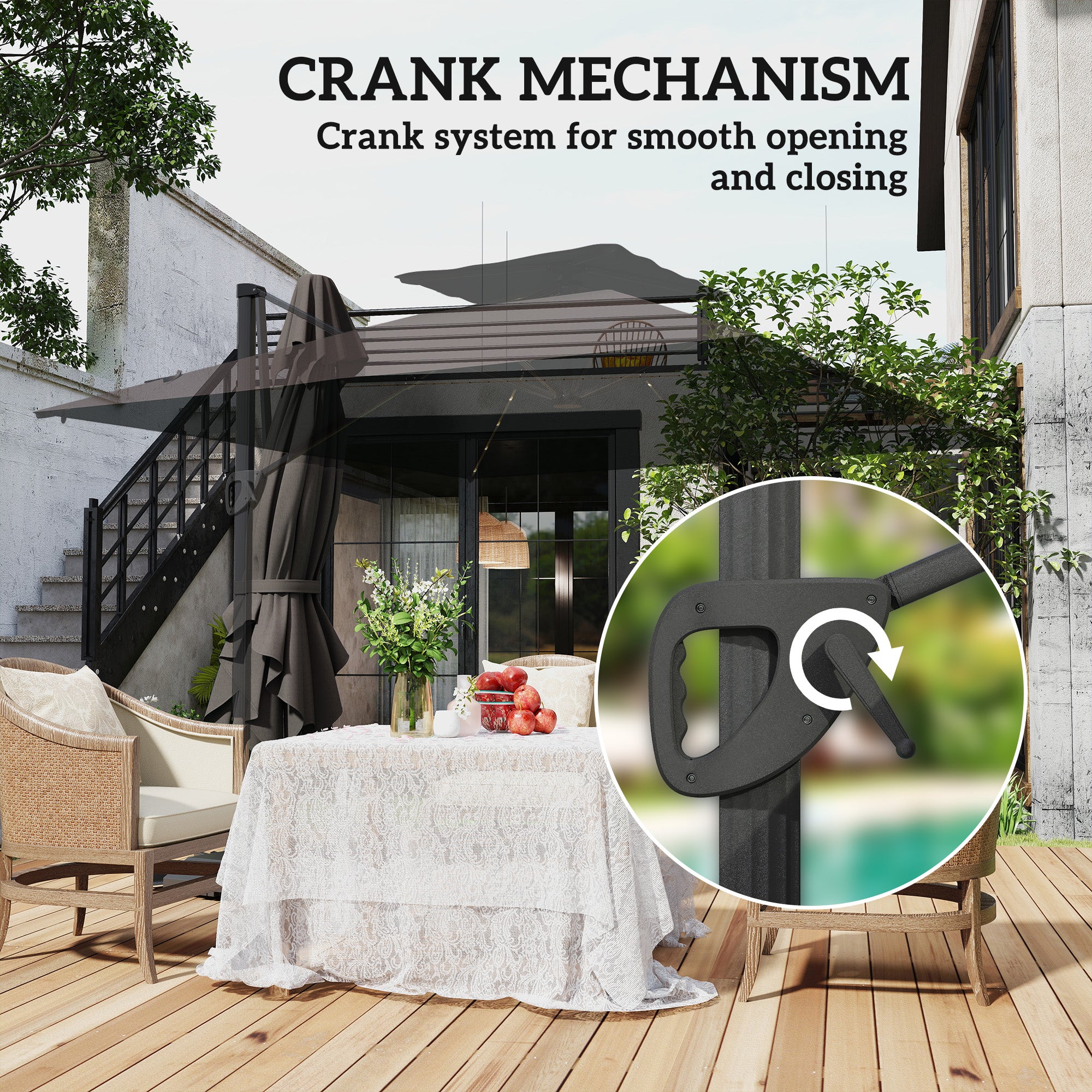 3.5x3 m Garden Cantilever Parasol with Solar LED Lights and Centre Light, Aluminium Large Square Patio Umbrella, UPF50+ Hanging Sun Shade with Cross Base, Crank Handle and Tilt, Grey