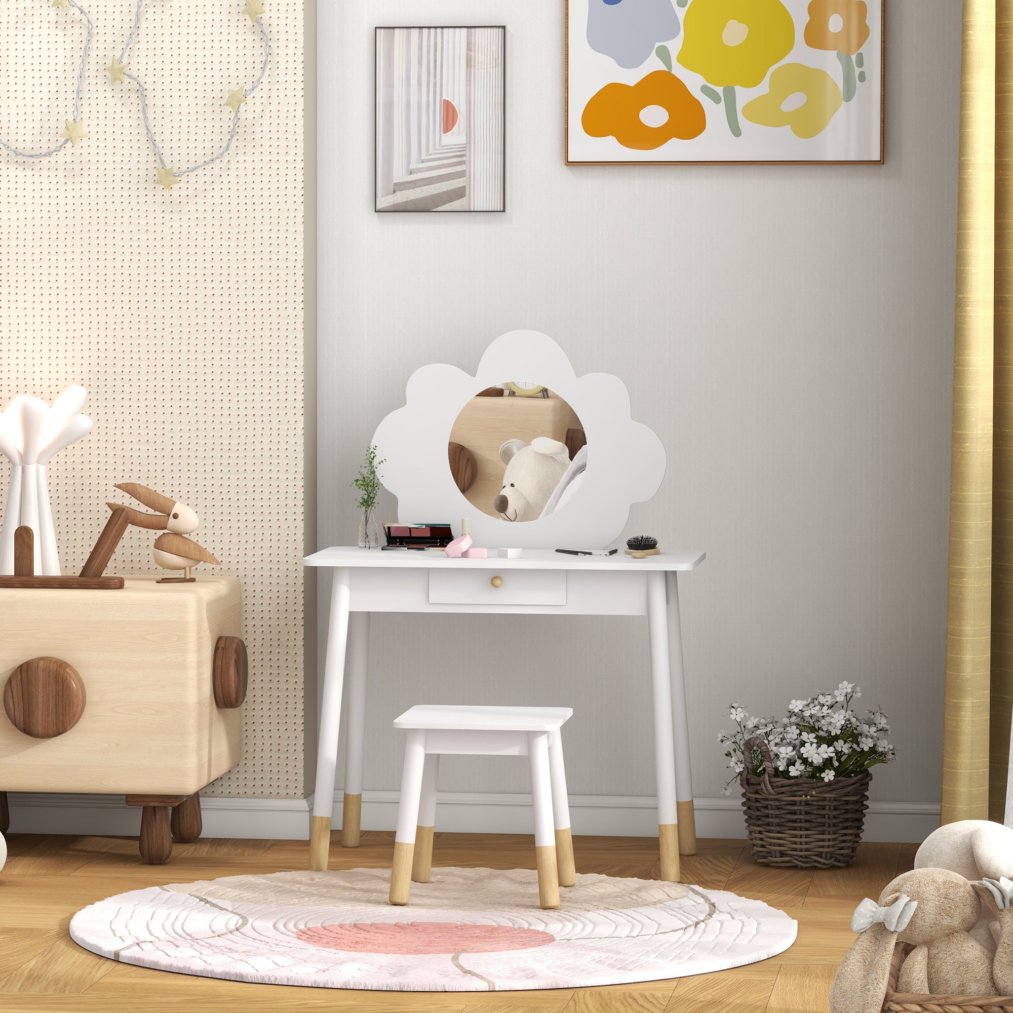 Kids Dressing Table with Mirror, Stool, Drawer, Cloud Design, White