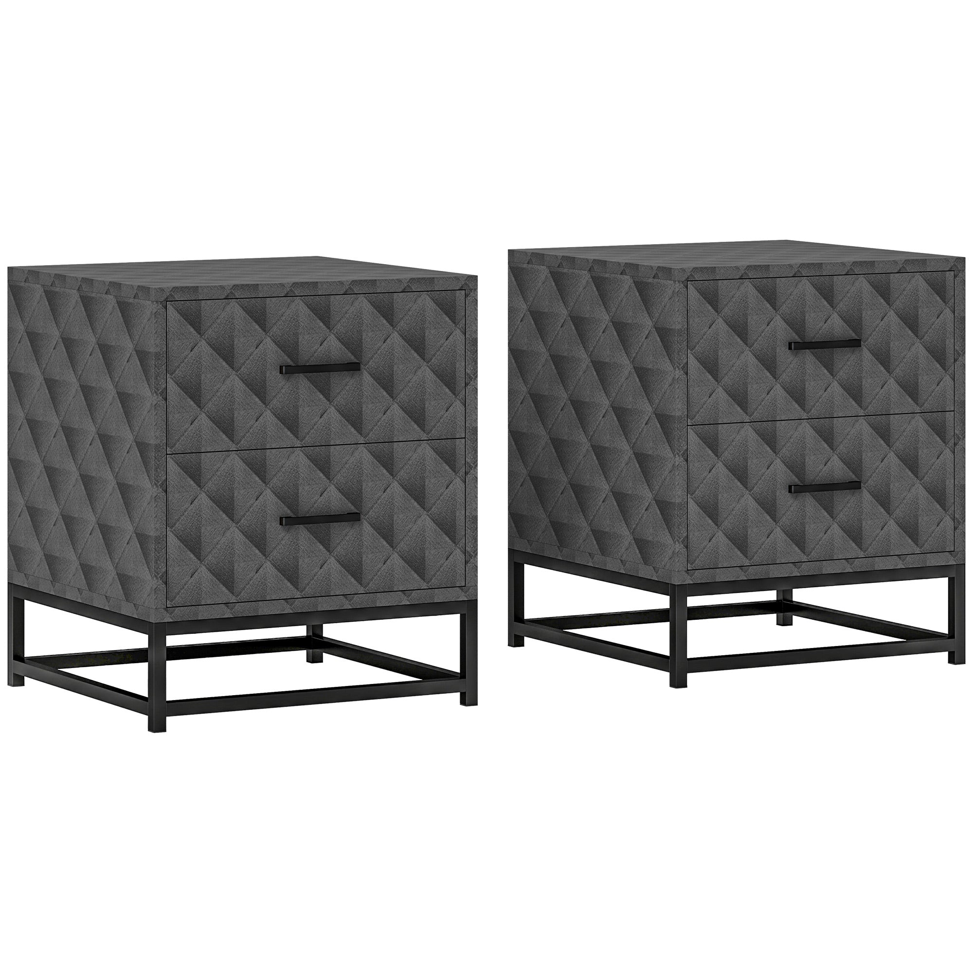 Bedside Tables Set of 2, Modern Bedside Table Nightstand with 2 Drawers, Bedside Cabinet Sofa Side Table with Storage, Steel Legs for Bedroom, Living Room, Grey