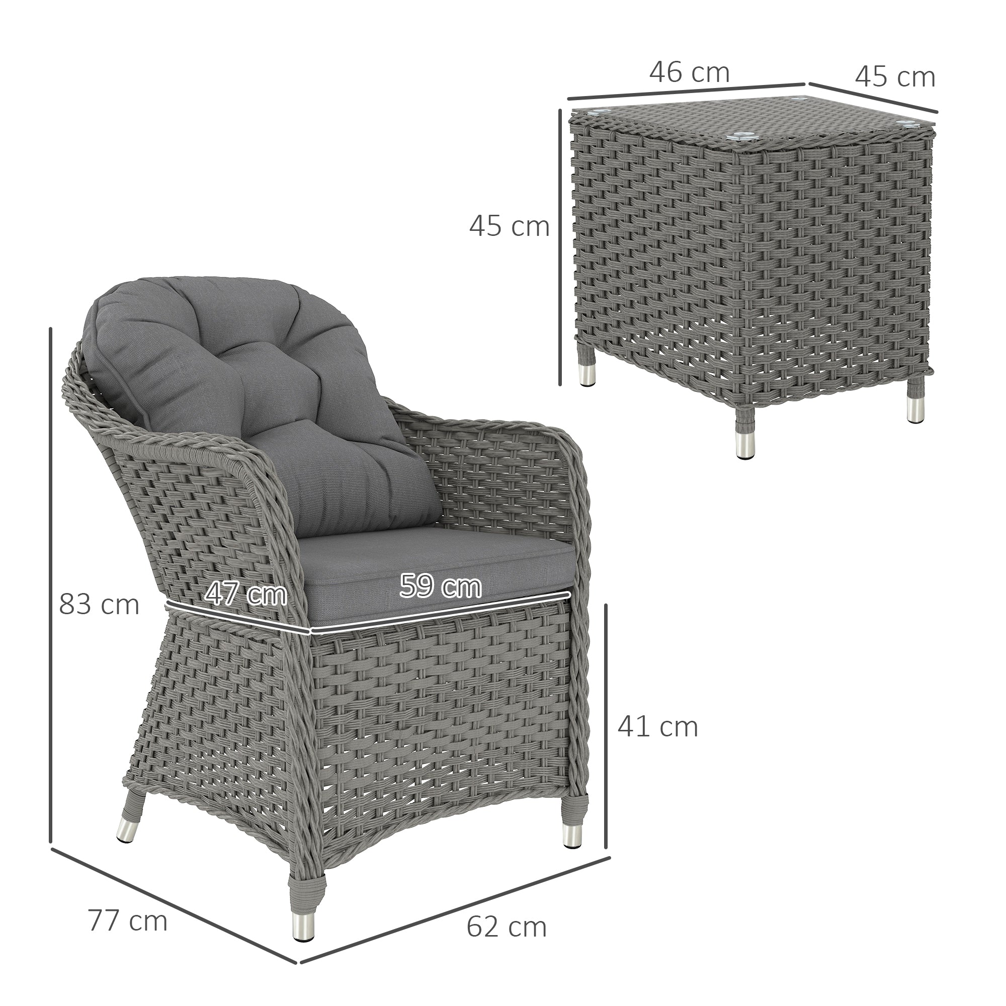 3 Piece Super Padded Rattan Patio Set with Armchairs & Coffee Table - Light Grey