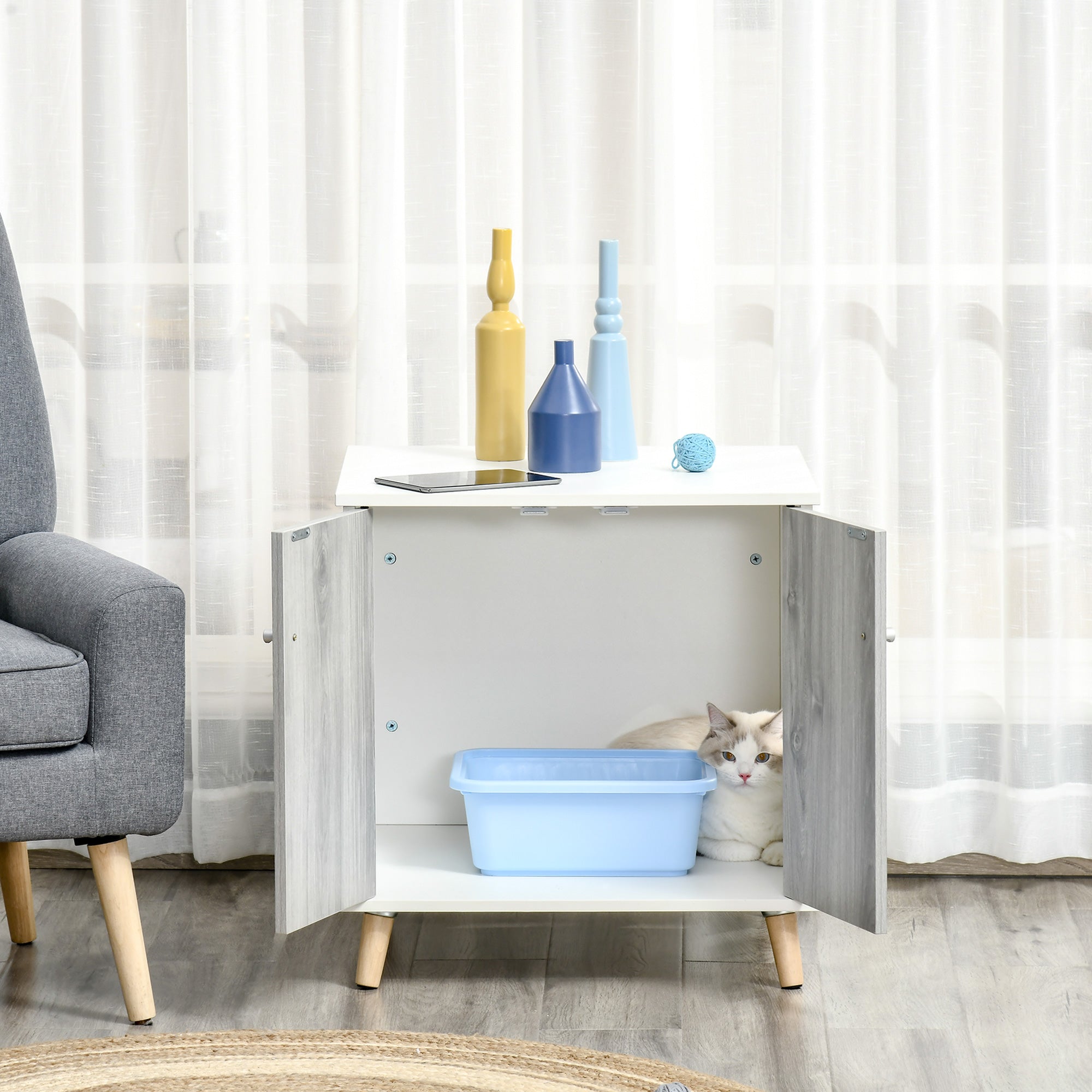 Cat Litter Box Enclosure Washroom Cave House Decorative End Table Wooden Cabinet Indoor with 2 Magnetic Door Wide Tabletop White