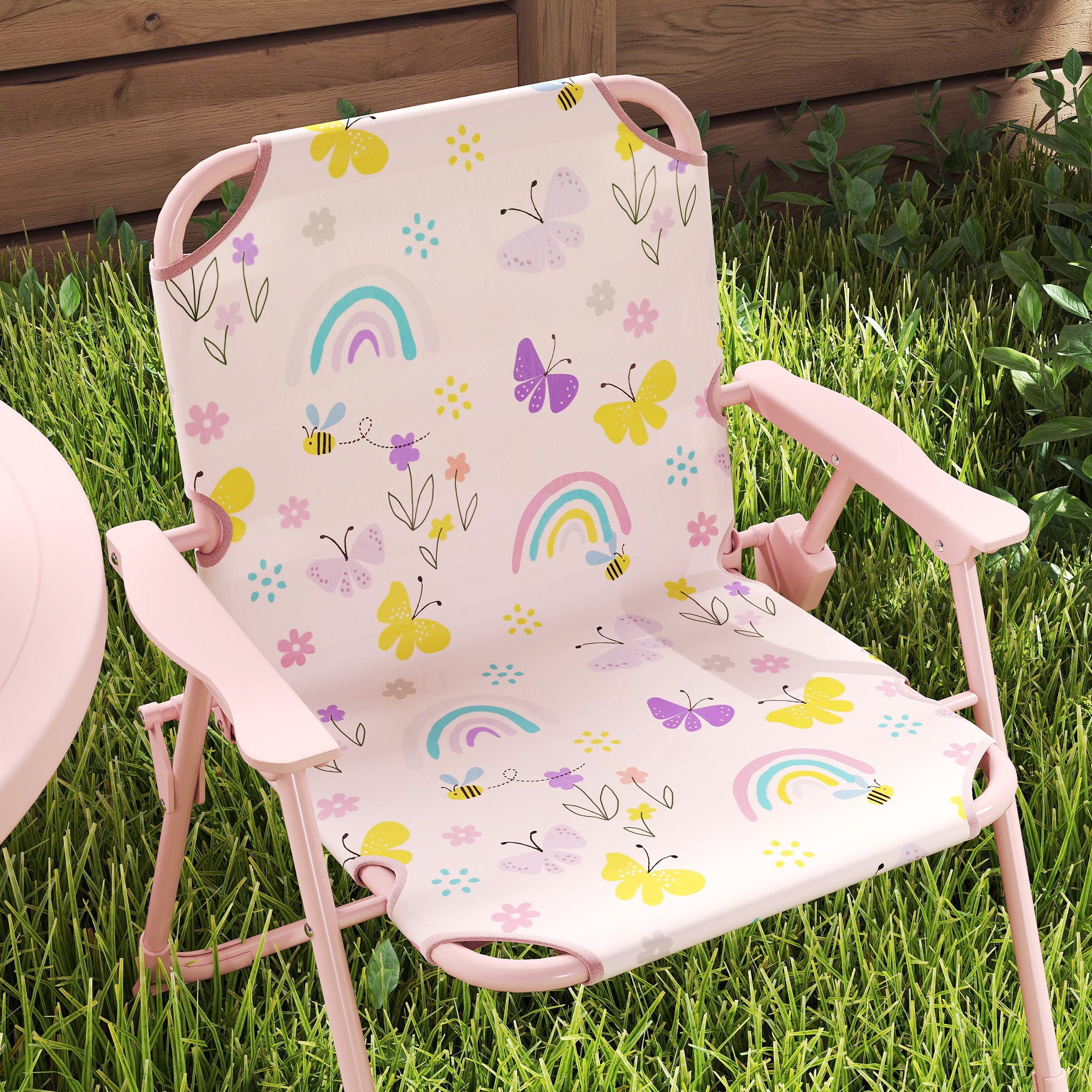 4 Pieces Kids Garden Table and Chair Set with Adjustable Parasol, Folding Chairs, Table, Rainbow Pattern, Pink