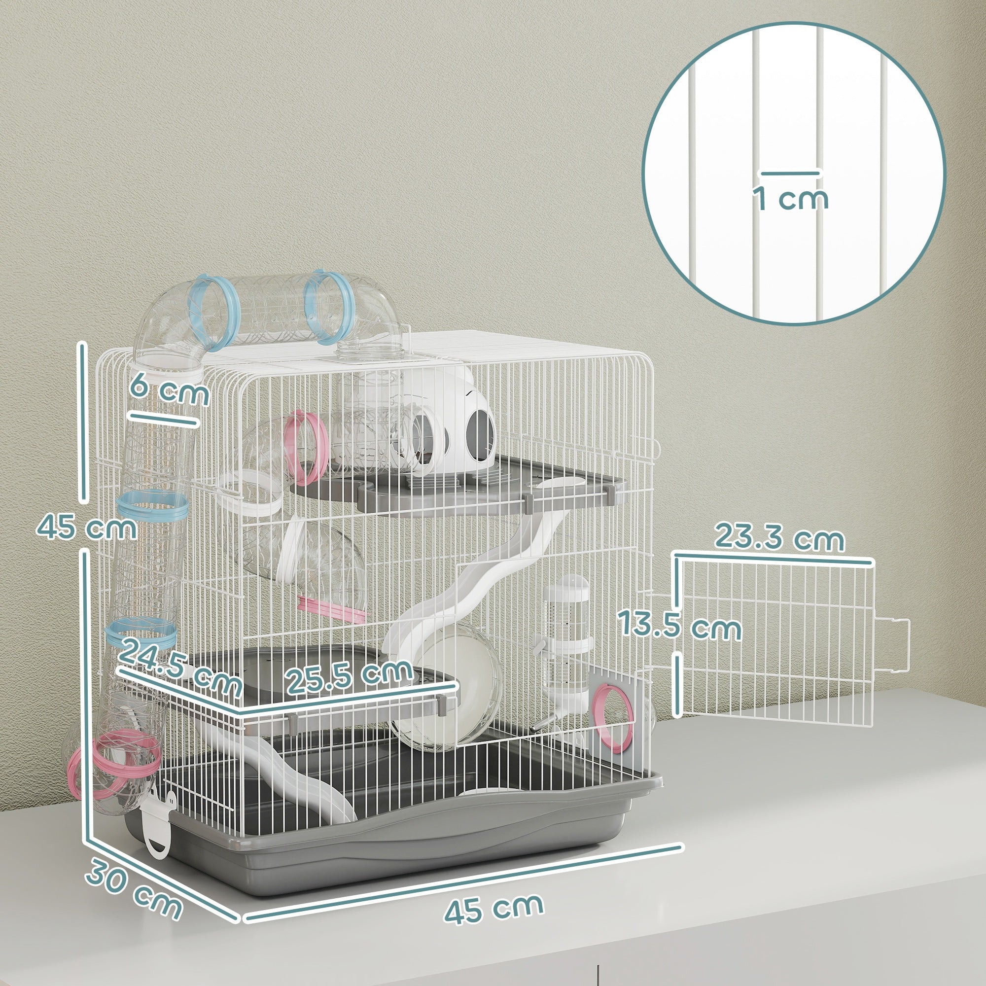3-Tier Hamster Cage with Exercise Wheels, Water Bottle, Food Dish, for Dwarf Hamsters, 45 x 30 x 45 cm, Grey