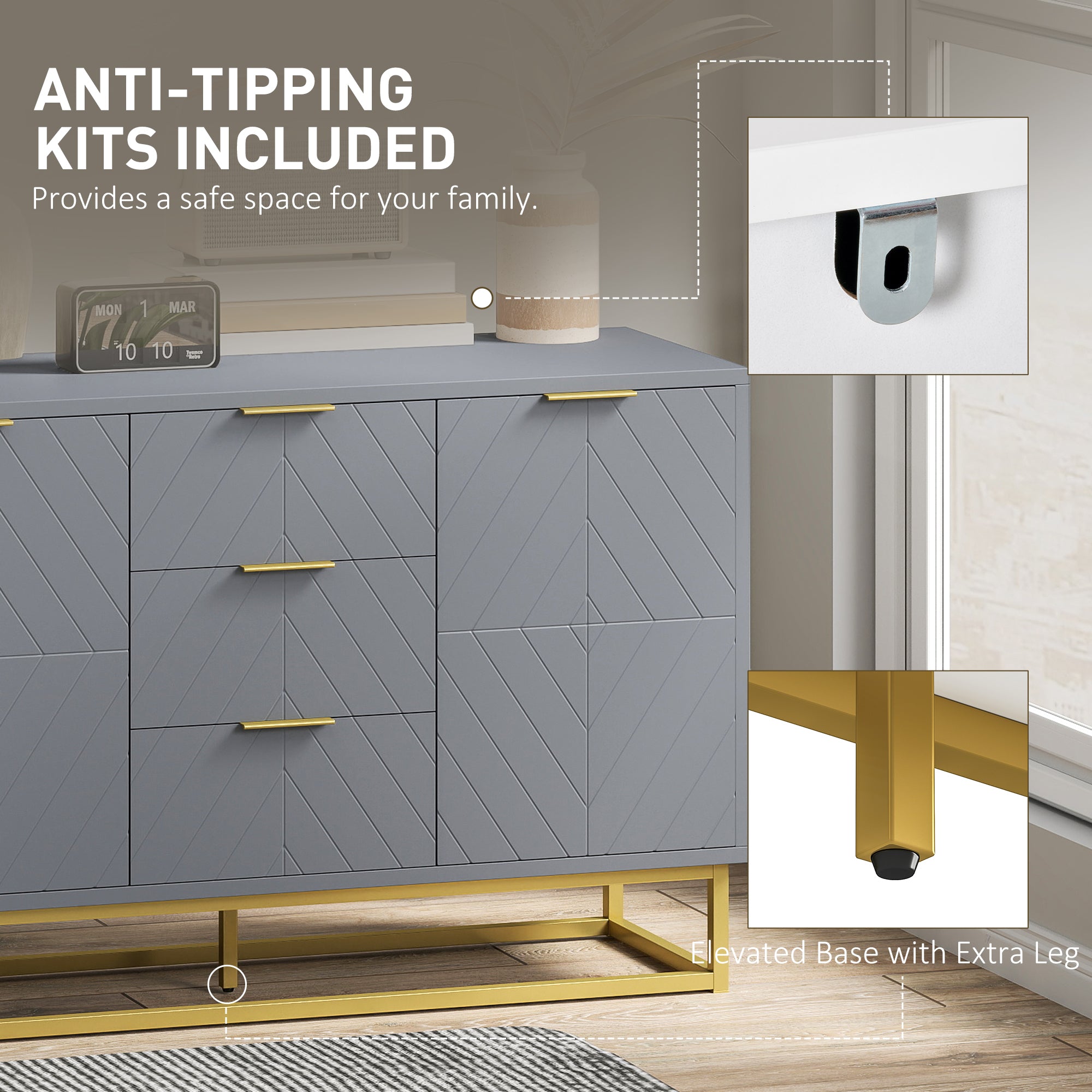 Sideboard with 3 Drawers and Adjustable Shelves for Living Room - Grey