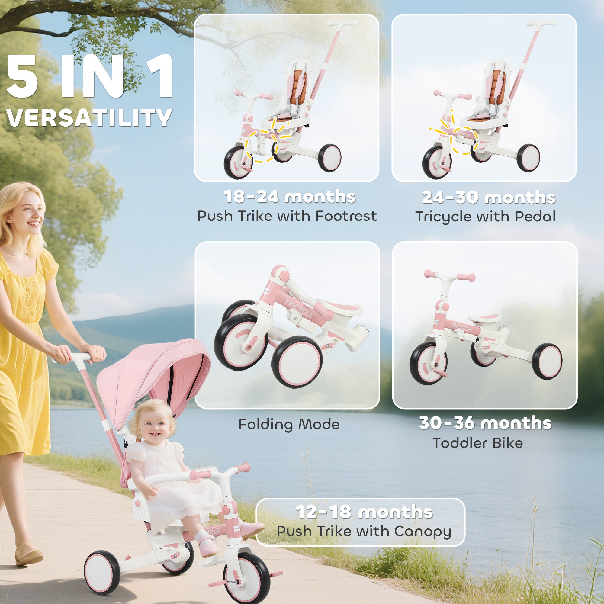 5 in 1 Kids Trike with Adjustable Backrest, Toddler Tricycle with Push Handlebar, Adjustable Backrest, Pink