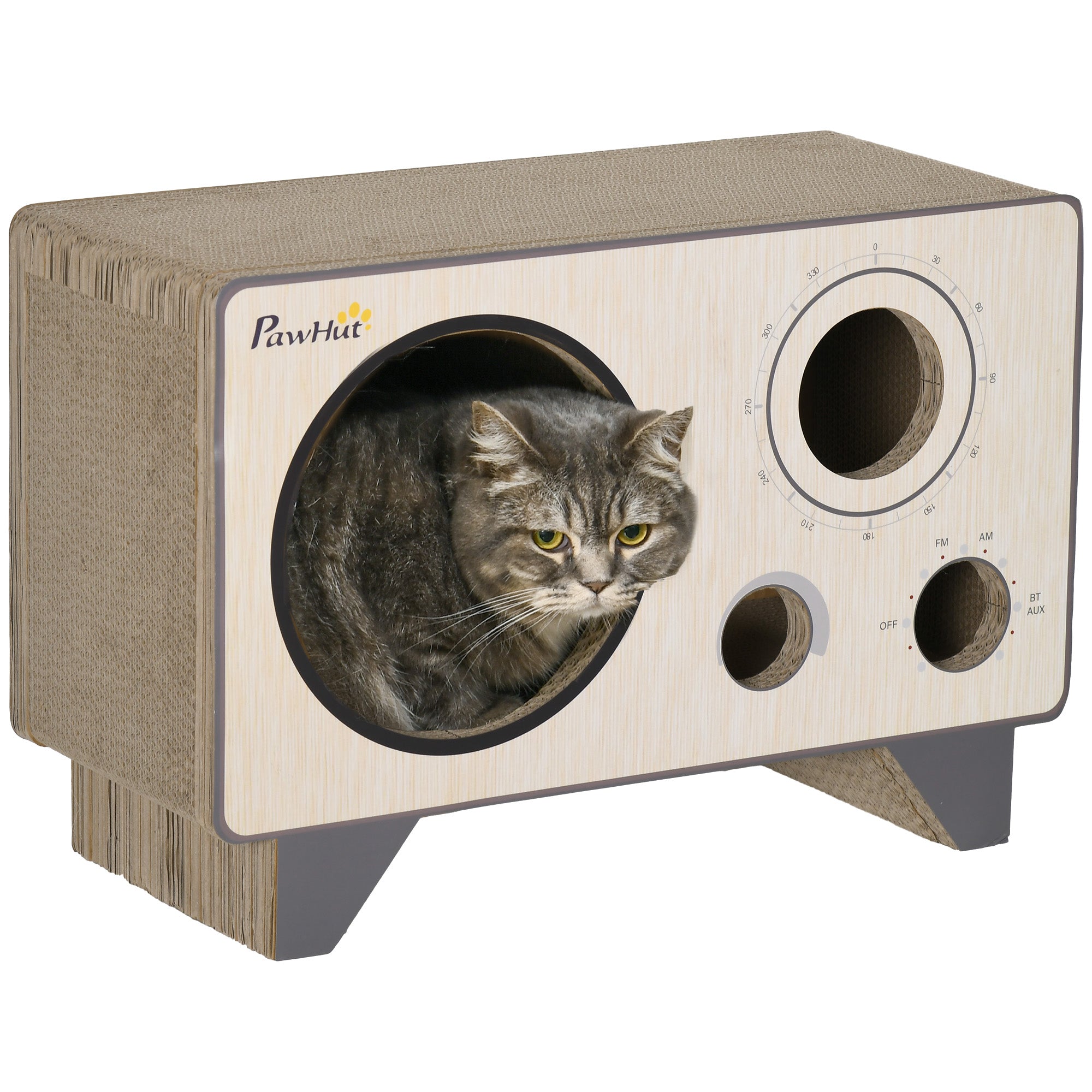 2 in 1 Cat Scratcher, Radio Shape Cat House with Catnip, 57 x 24.5 x 39cm, Natural Wood Finish