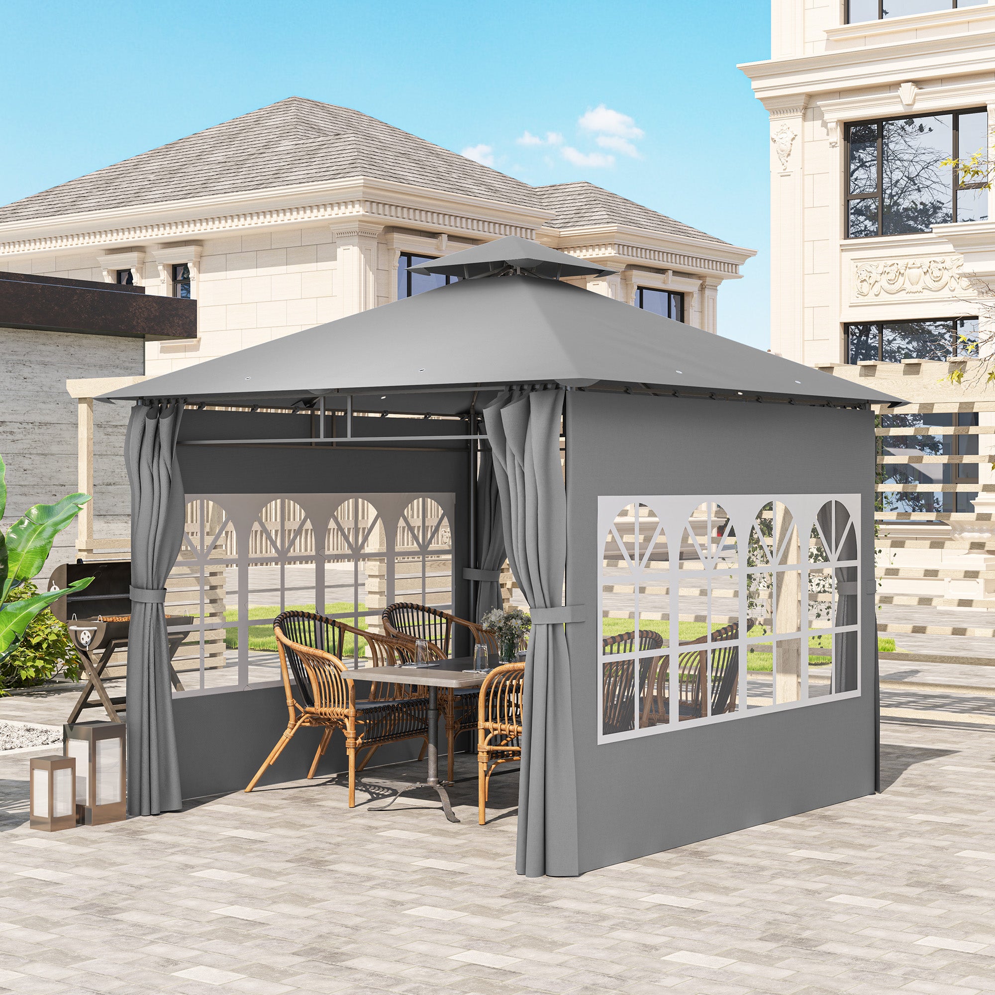3 x 3 Metres Garden Gazebo Set with Double Roof and Removable Sidewalls - Light Grey