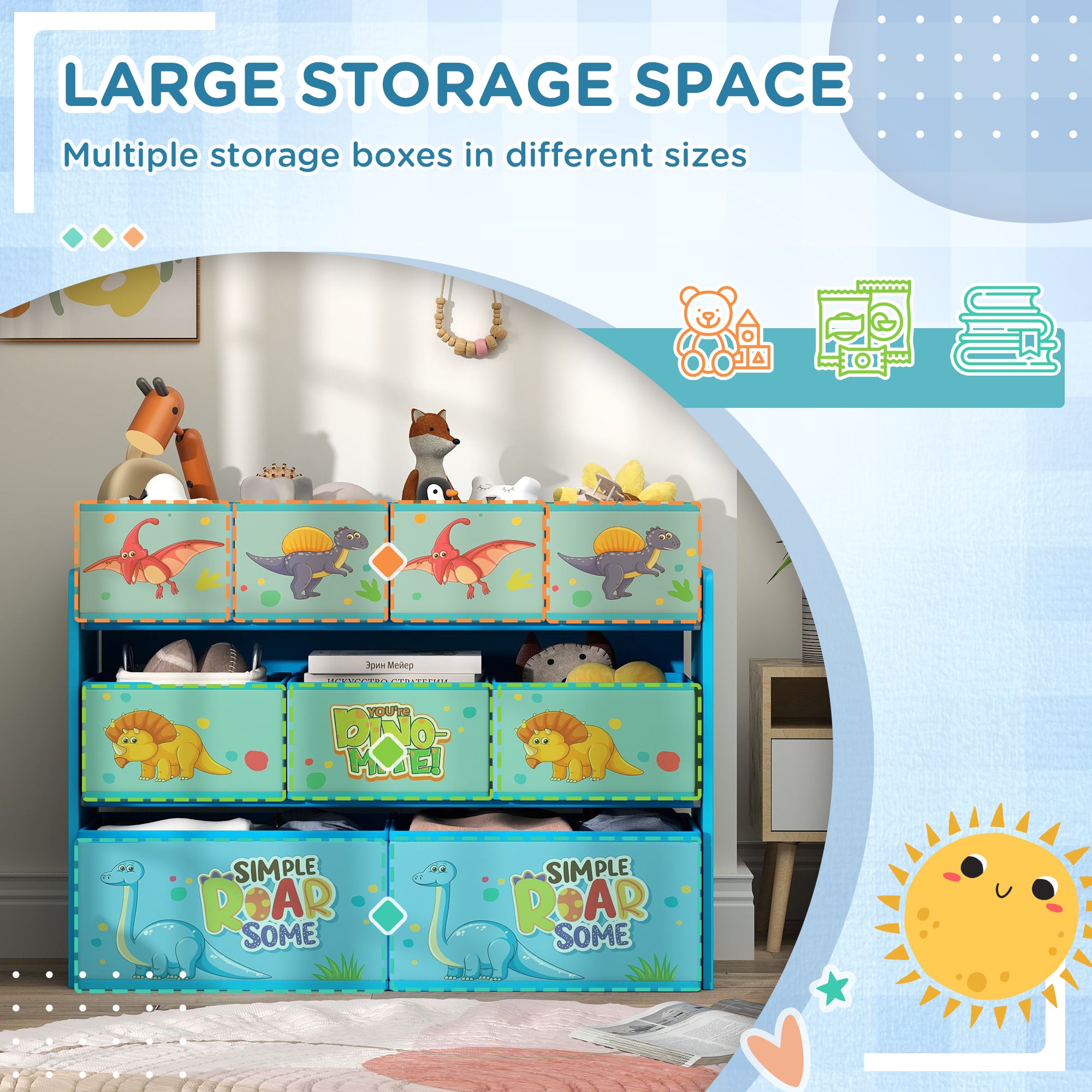3 Tier Kids Storage Unit with 9 Fabric Boxes for Organised Bedroom Blue