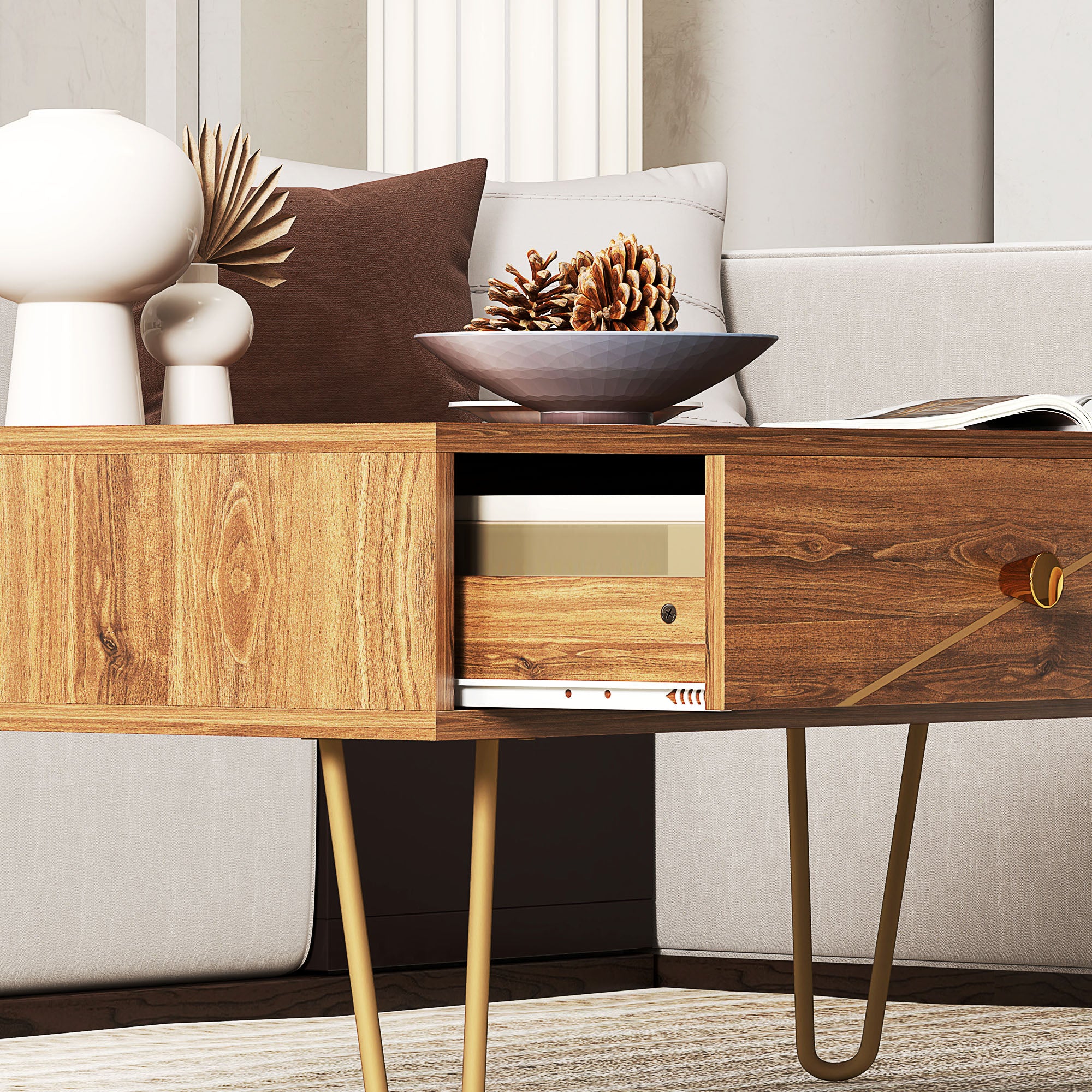 Rectangular Coffee Table with Storage Drawers 100x50x41 cm Steel Base - Brown