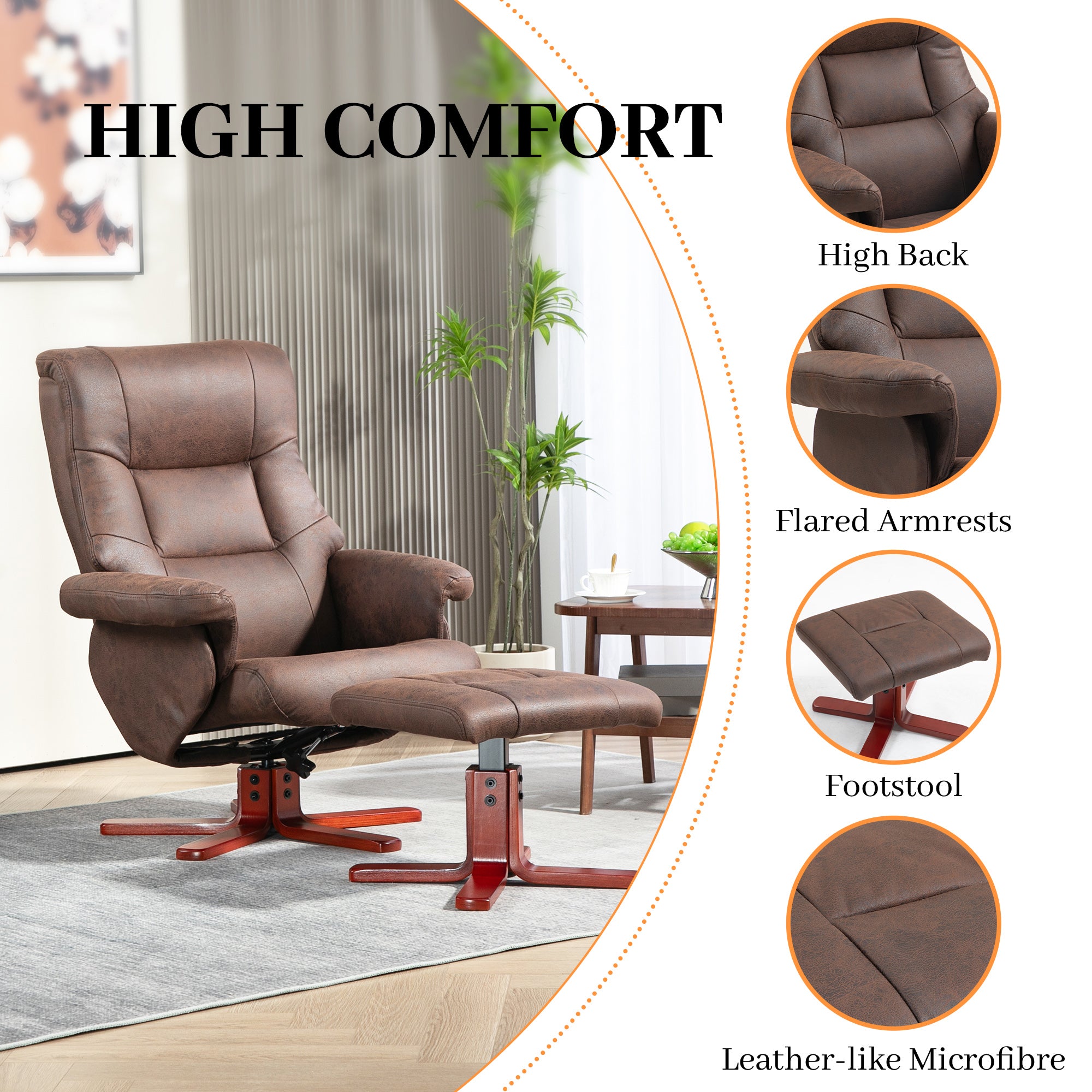 Faux Microfibre Leather Manual Recliner and Footstool Set - Dark Brown