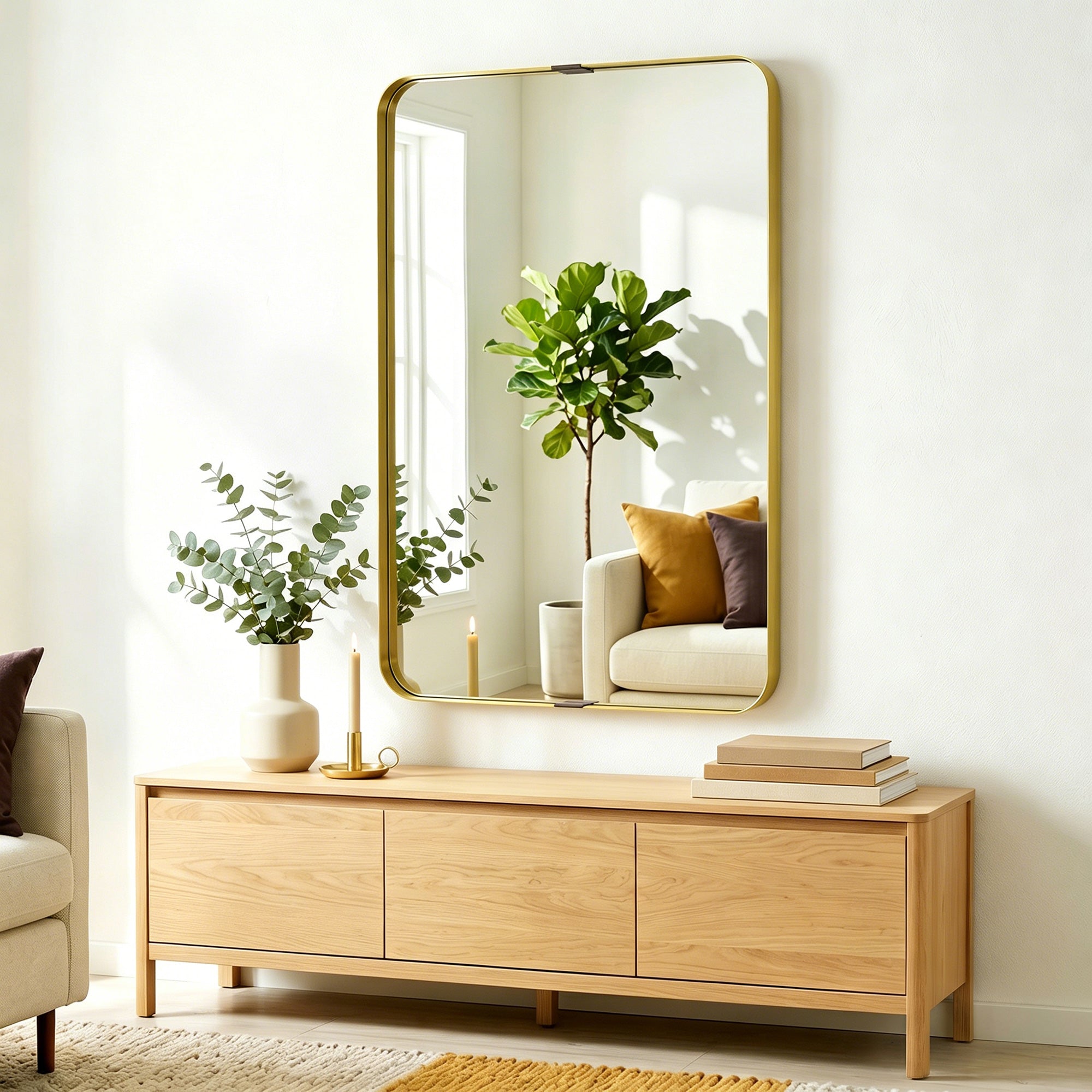 Rectangular Wall Mirror, 90 x 60 cm Wall Mounted Bathroom Mirror w/ Aluminium Alloy Frame and Tempered Glass, Gold Tone