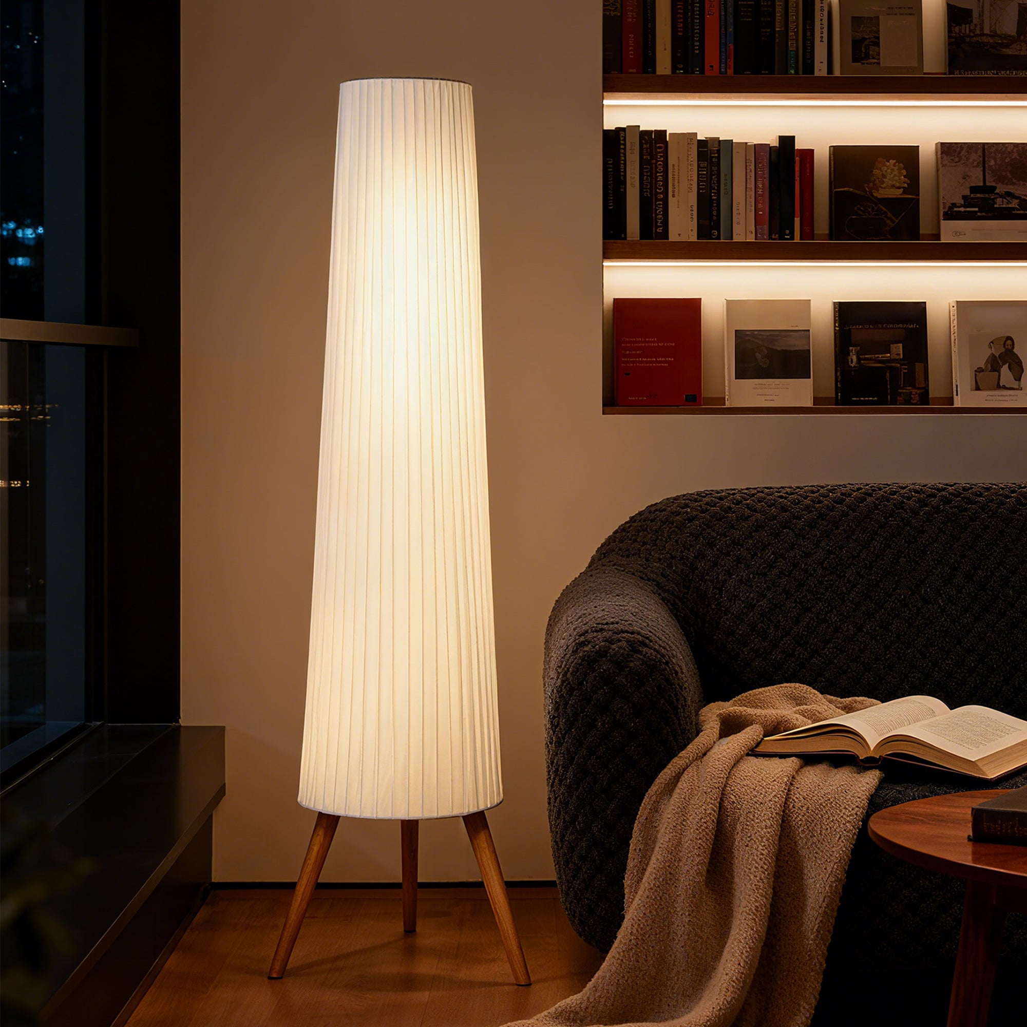 Dimmable Tripod Floor Lamp with Foot Switch, Nordic Standing Lamp with Fabric Shade, 153cm, White, White and Natural