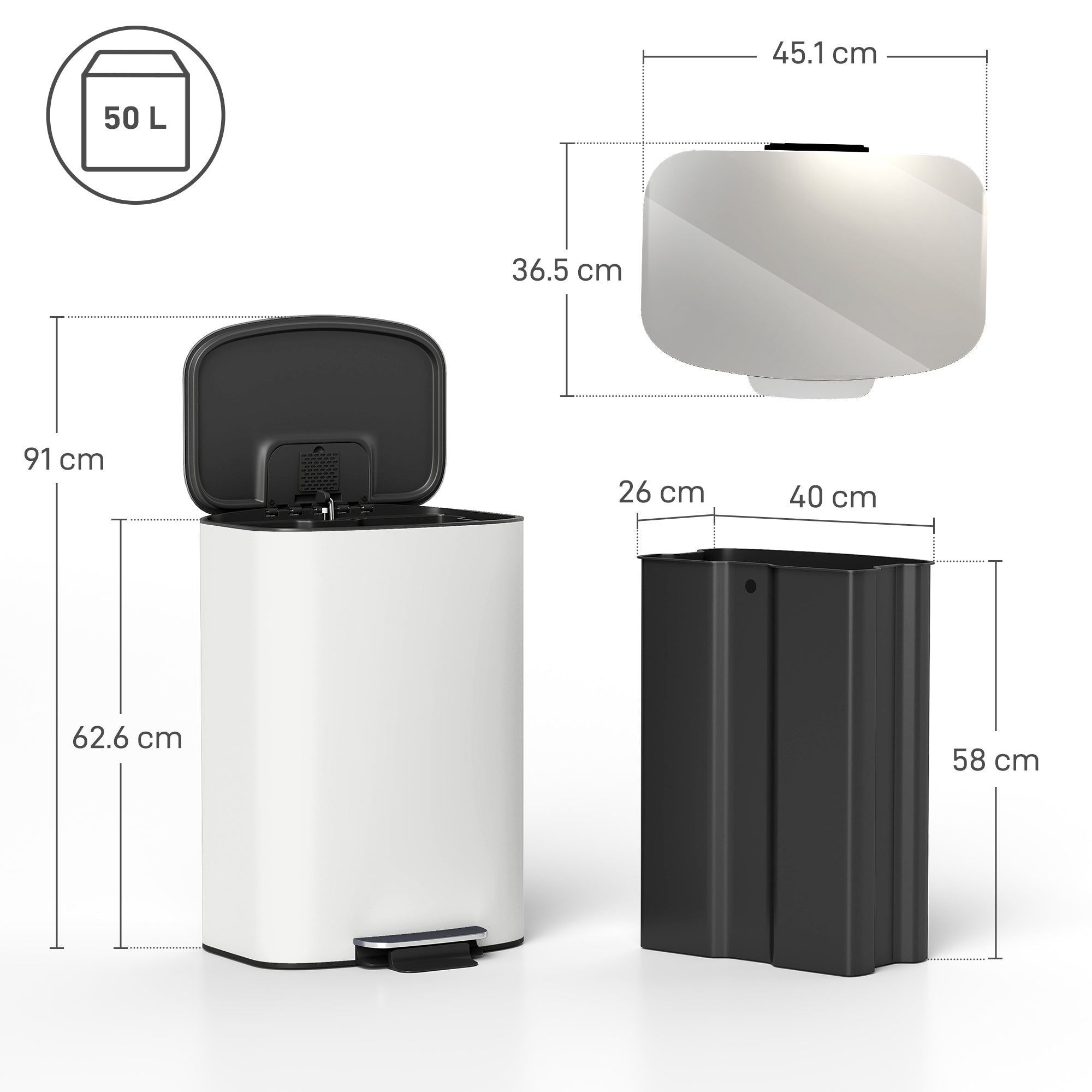 50L Kitchen Bin with Soft-Close Lid and Stay-Open Function, Stainless Steel Pedal Bin with Removable Inner Bucket, Carry Handle for Kitchen, Office, Home, Cream