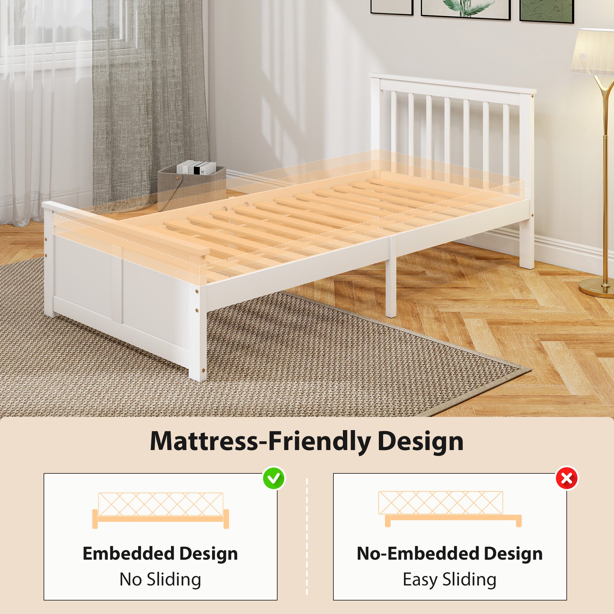 Wooden Single Bed Frame, with Drawers - White
