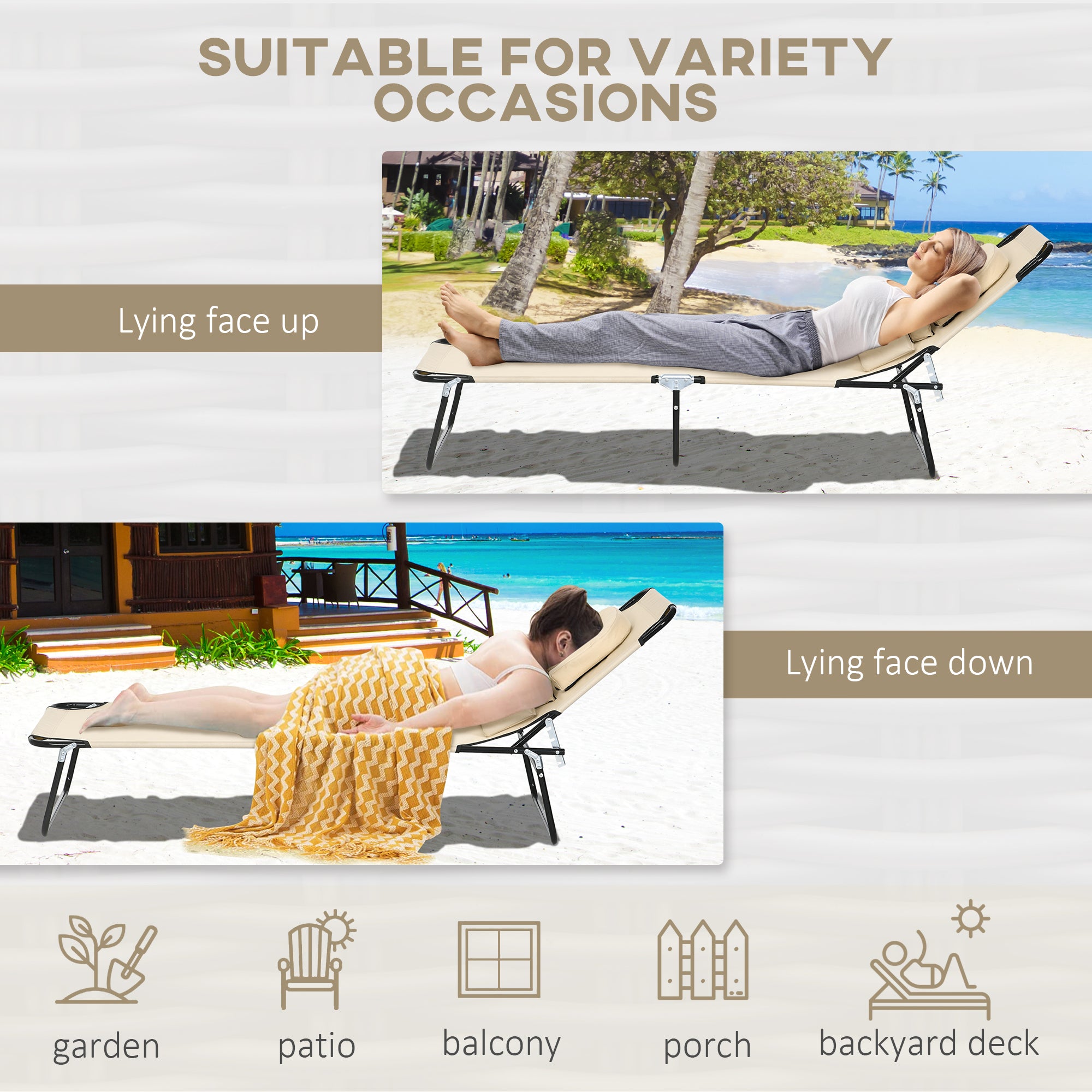 Outdoor Foldable Sun Lounger Set of 2, 4 Level Adjustable Backrest Reclining Sun Lounger Chair with Pillow and Reading Hole, Sand