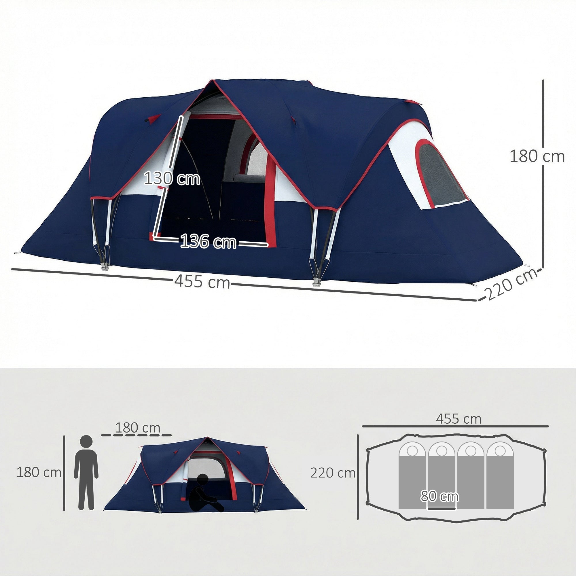 5-6 Man Camping Tent, Tunnel Tent, Water Resistant Hiking Shelter with Groundsheet and Carry Bag, Navy Blue