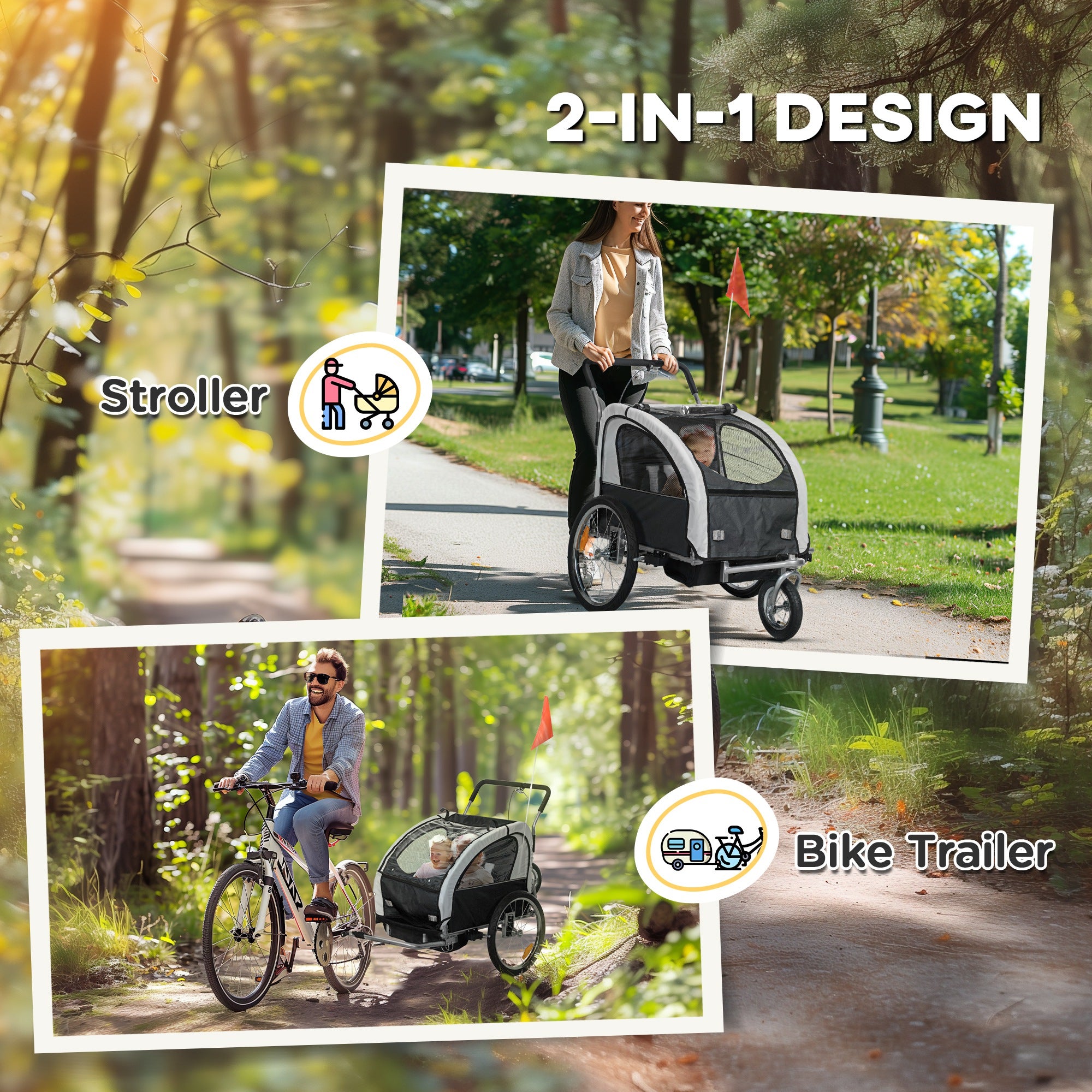 2 Seat Bike Trailer with 5 Point Harness, Baby Bike Stroller with Safety Flag, Reflectors, for 18+ Months, Black