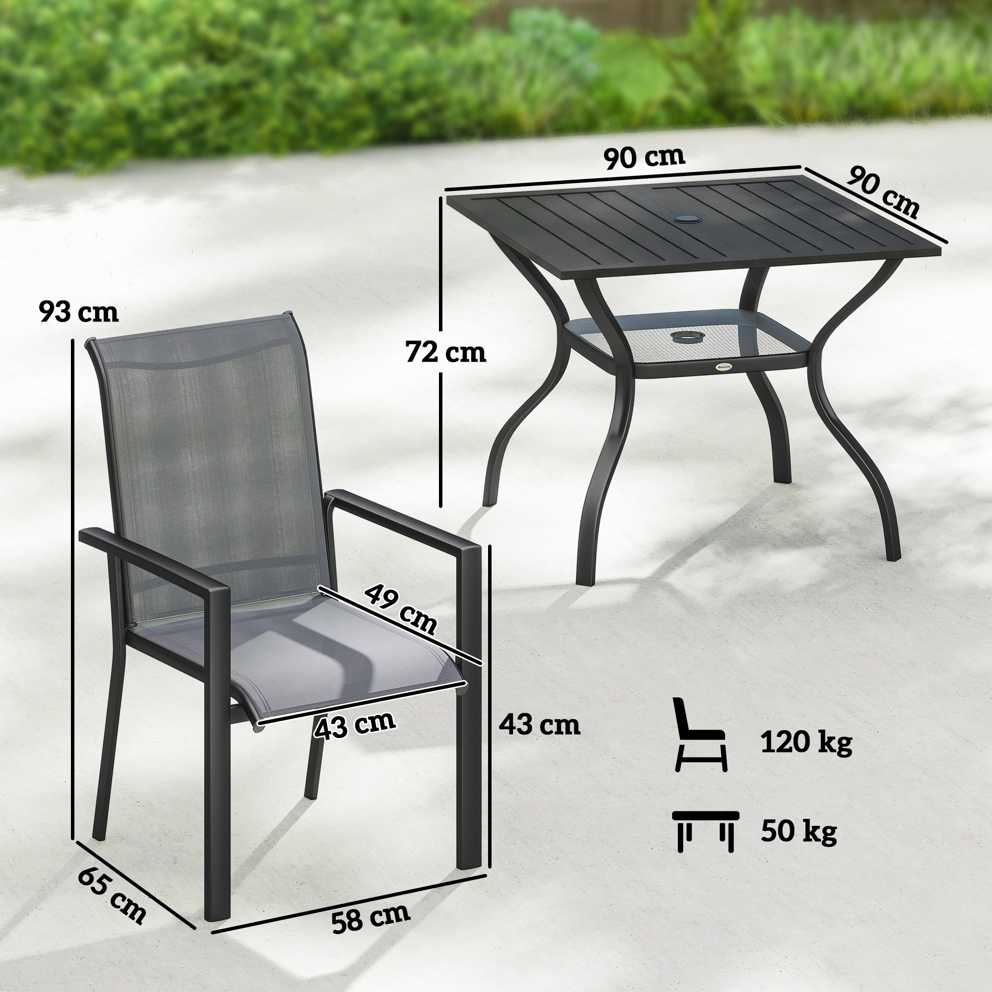 5 Pieces Outdoor Dining Set for 4, Garden Table and Stackable Chairs with Breathable Mesh Seat and Parasol Hole, Grey
