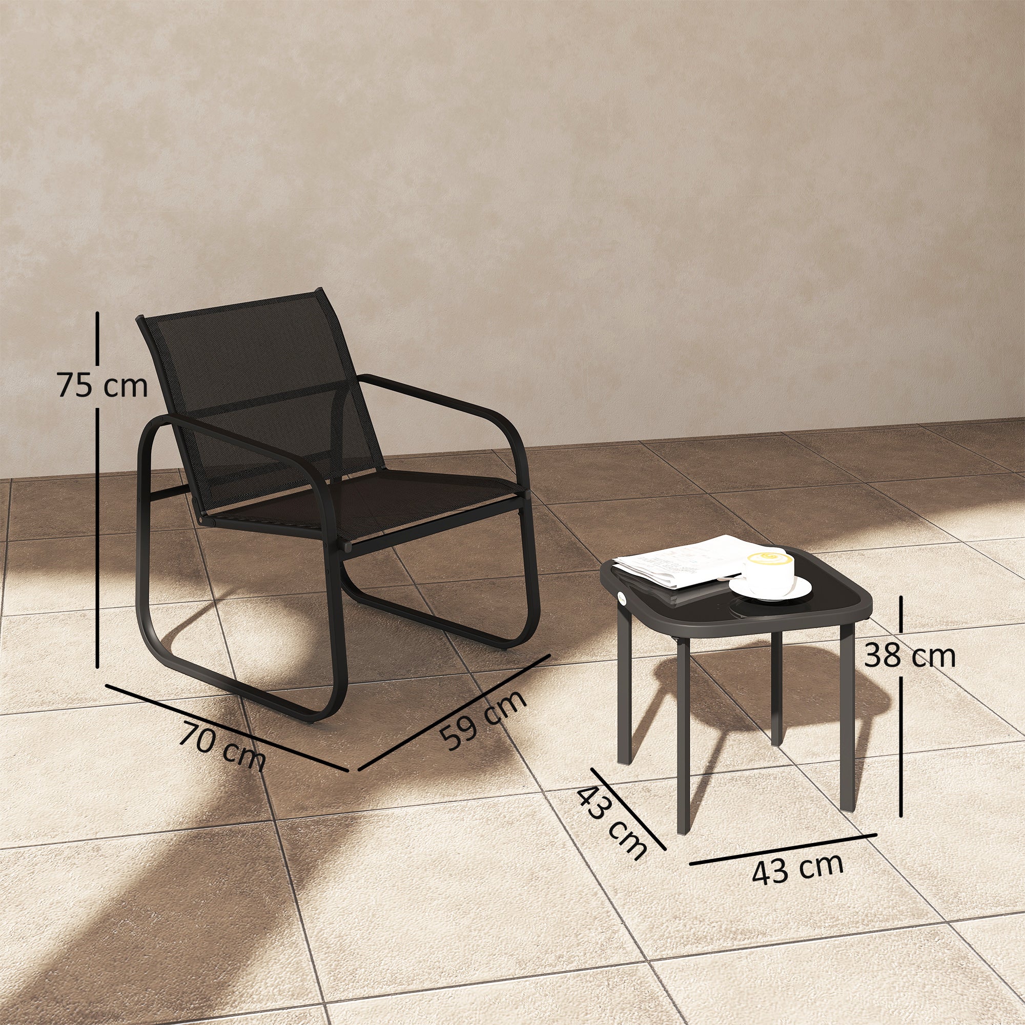 3 Piece Powder Coated Steel Garden Seating Set with Glass Table - Black