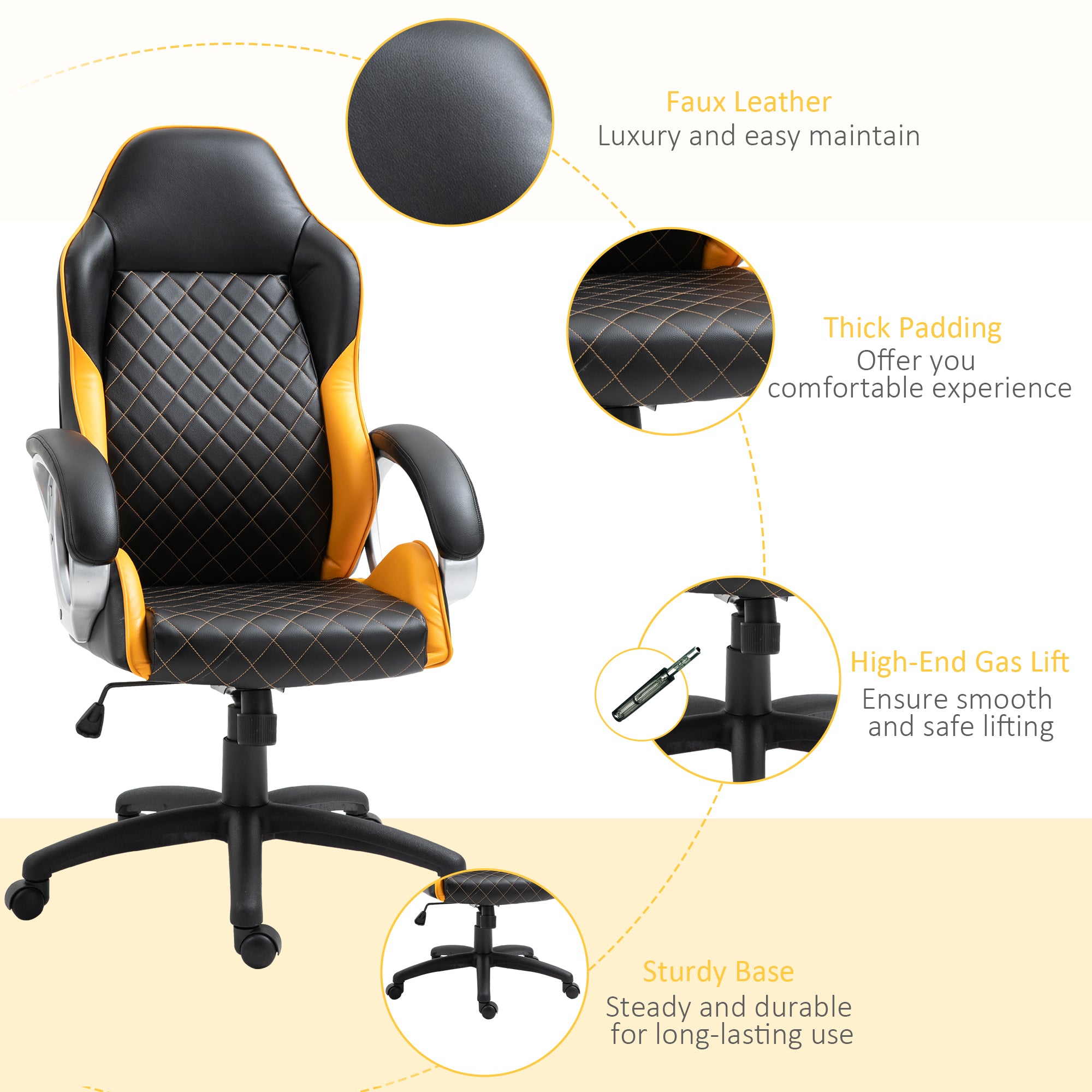 Office Chair Faux Leather Diamond Line High-Back Rocker Swivel Desk Chair Orange