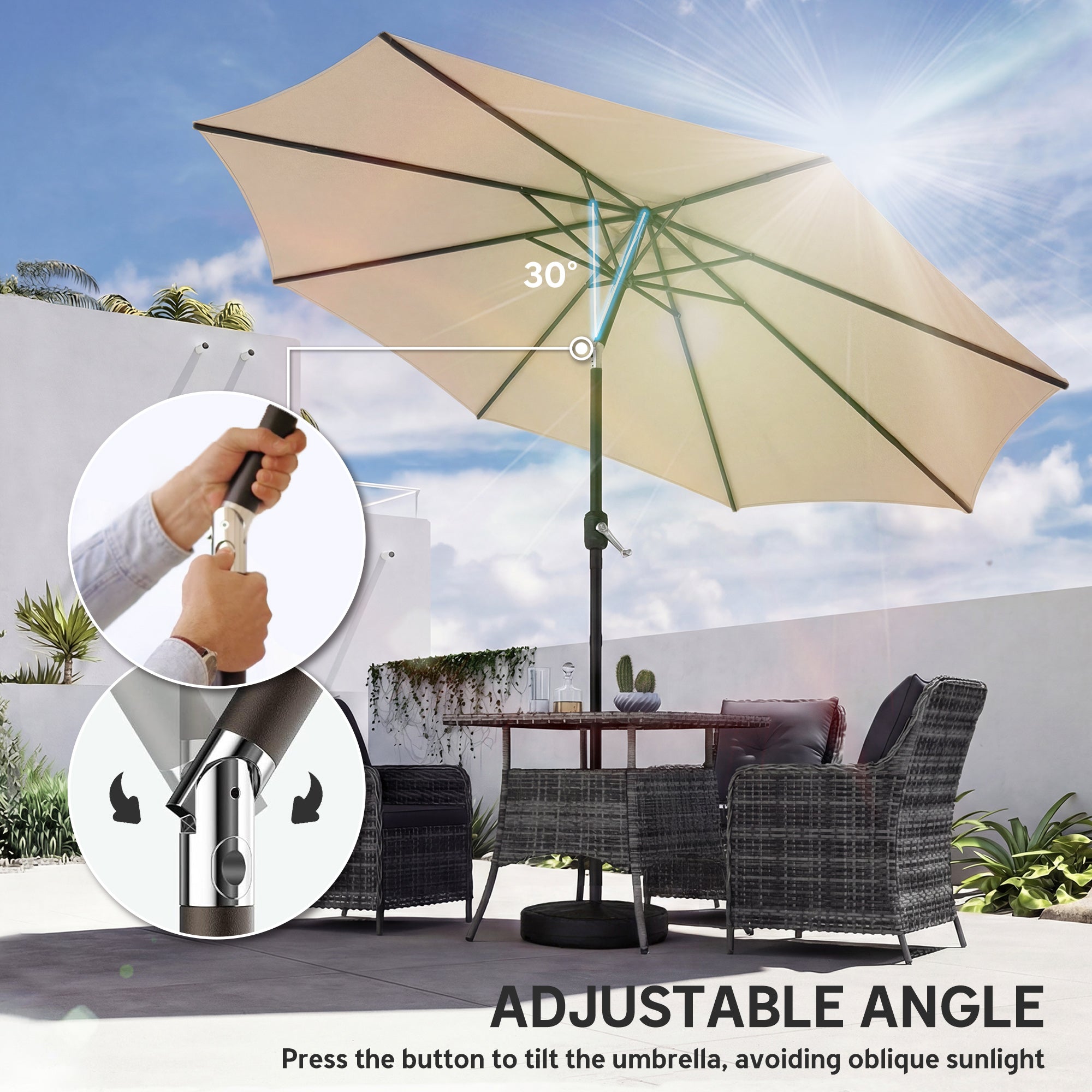 2.7 m Garden Parasol Umbrella with Cross Base and Sandbag, Retractable Ribs, Outdoor Table Market Umbrella, Khaki