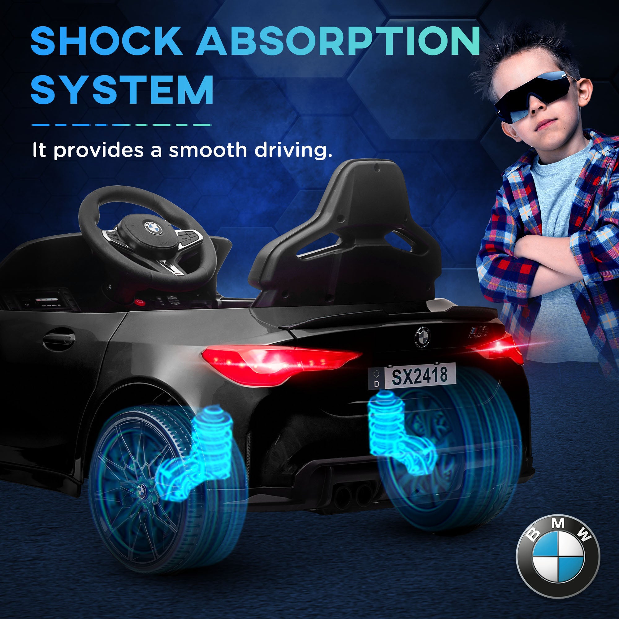 12V BMW Licensed Kids Car, with Easy Transport, Remote Control, Suspension, Music, Horn, LED Lights, Black