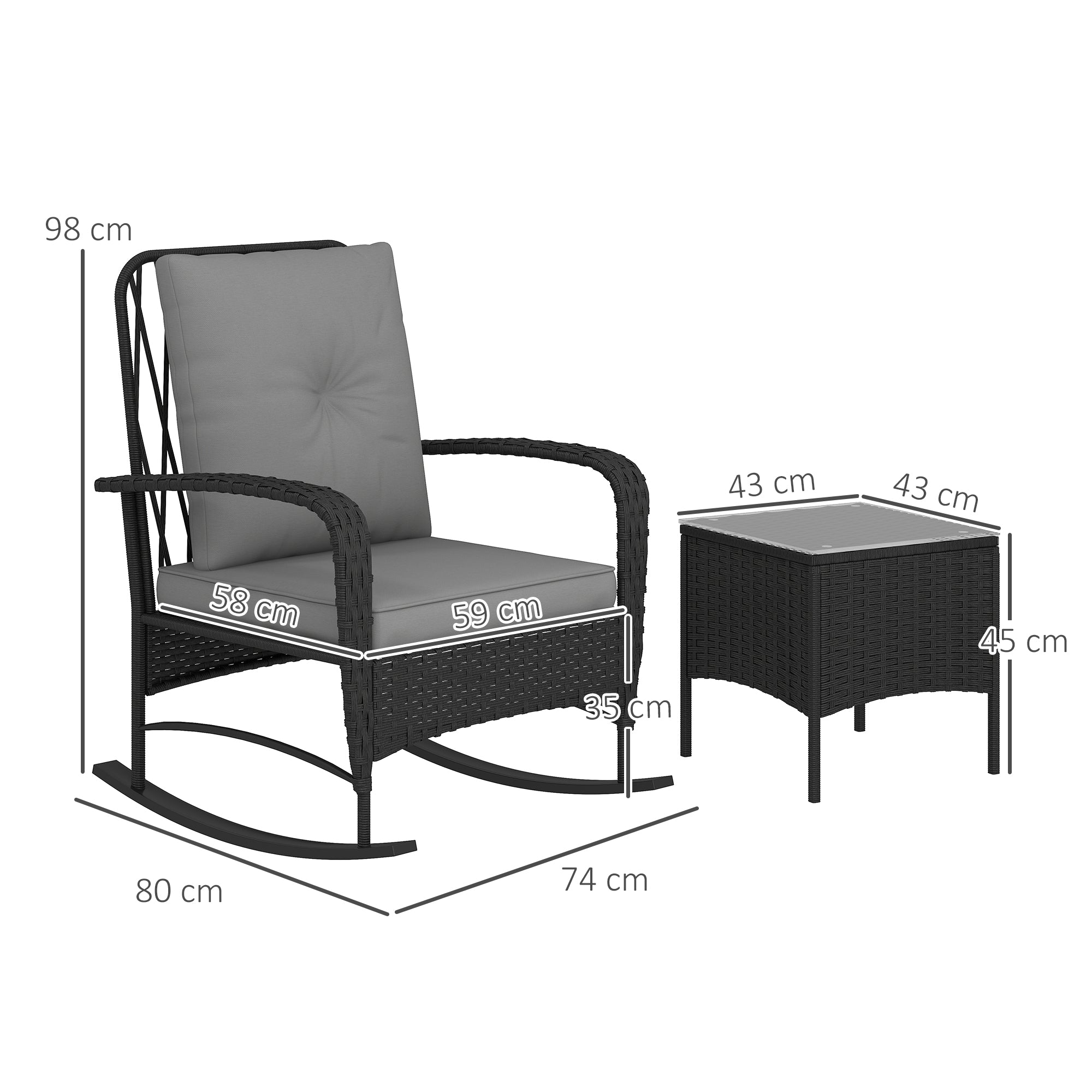 3 Piece Rocking Chair Rattan Bistro Set with Glass Table - Black