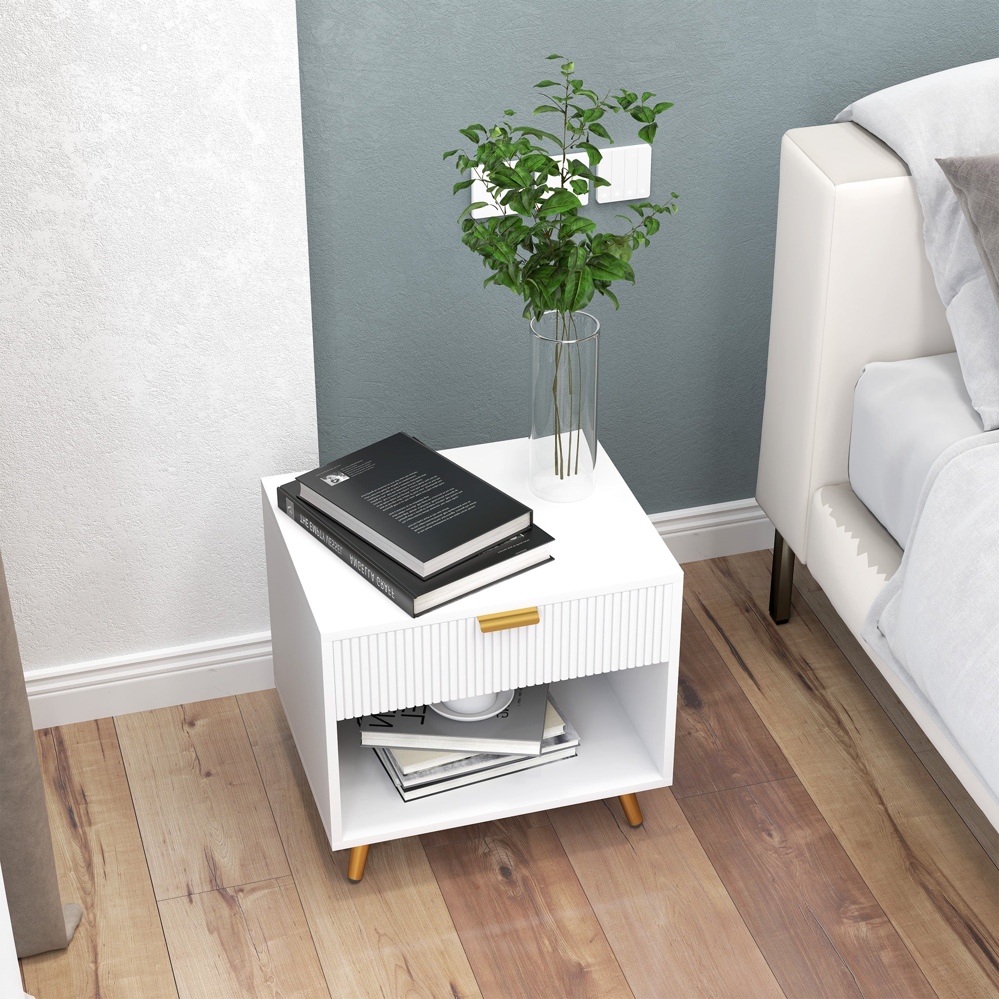 Elegant Bedside Table, with Drawer and Shelf - White/Gold Tone