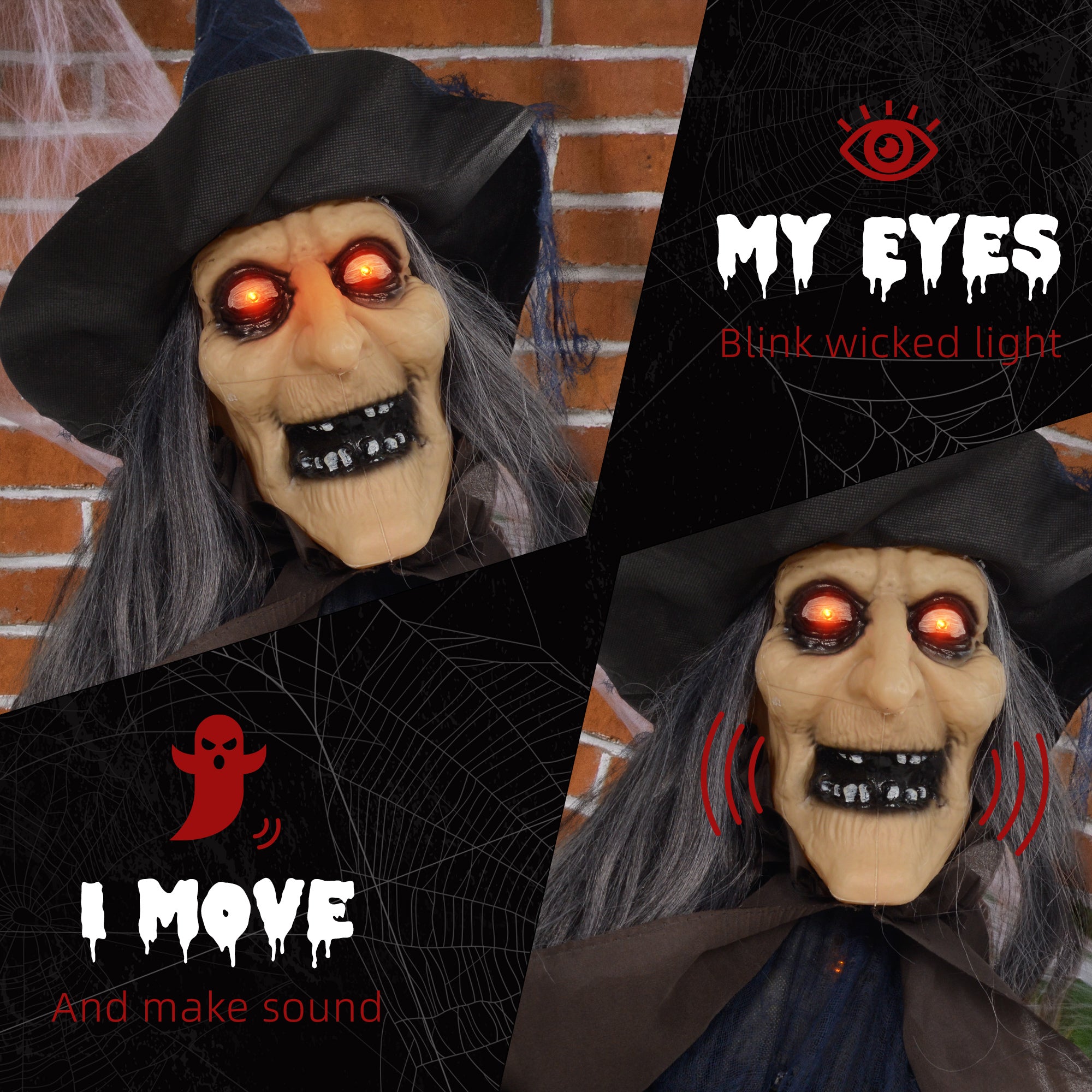 6'2" Witch with Broomstick Halloween Animatronic, with Glowing Eyes