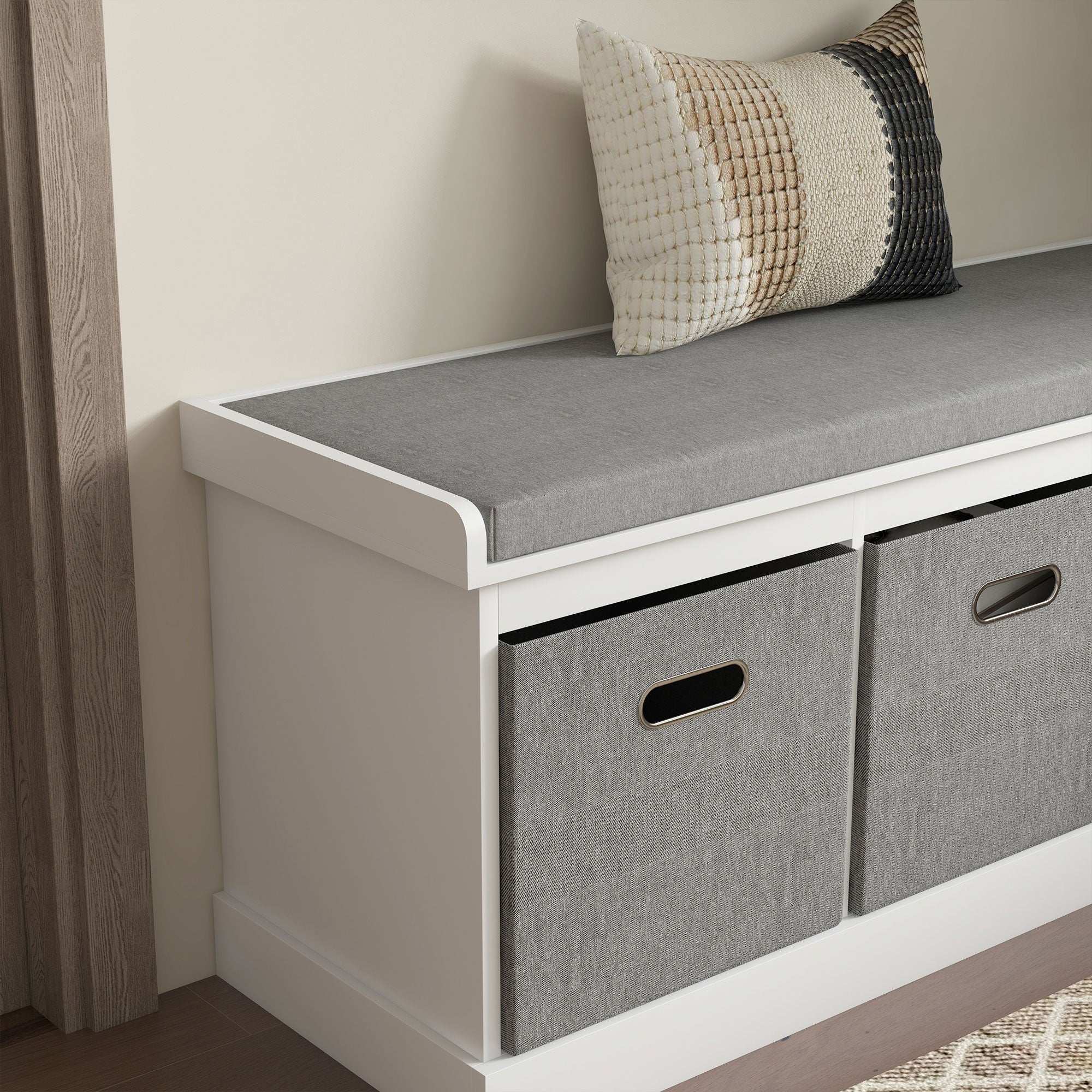 Three-Drawer Shoe Storage Bench, with Padded Top Seat - White