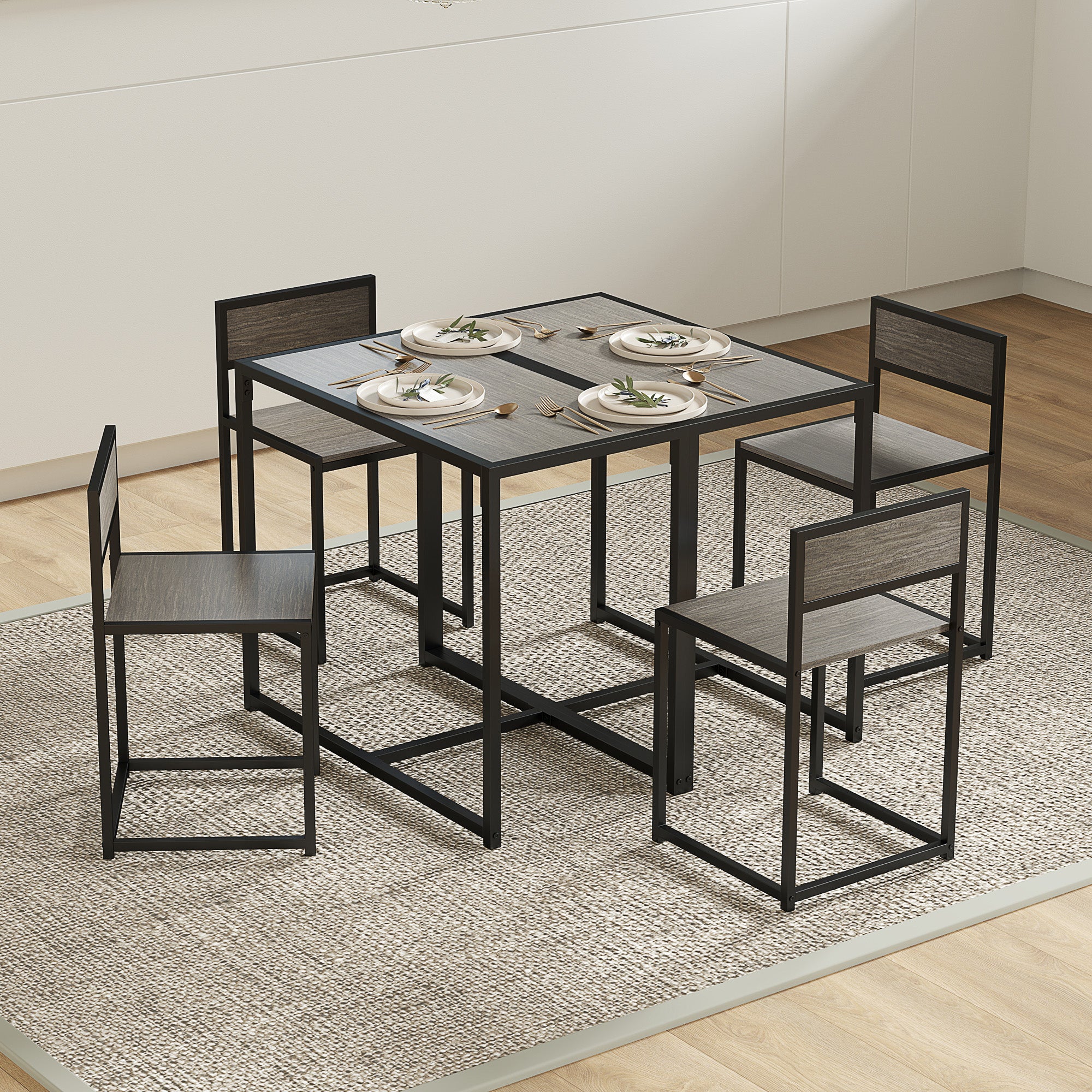 Dining Table and 2 Chairs Set Space-Saving Rectangular Compact Kitchen - Grey Wood-Effect