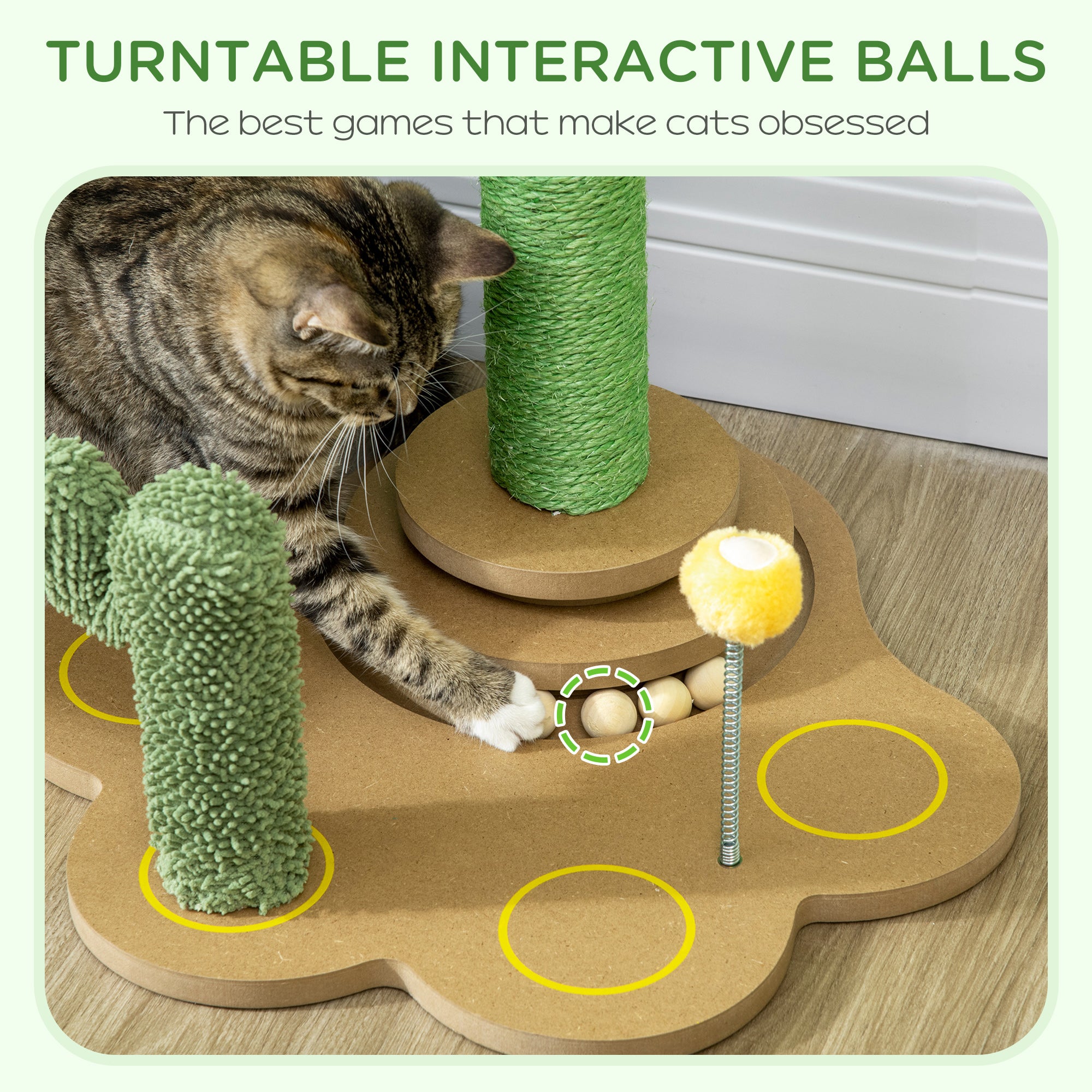 60cm Chenille Cat Tree, with Interactive Toy Balls, Sisal Scratching Posts - Green
