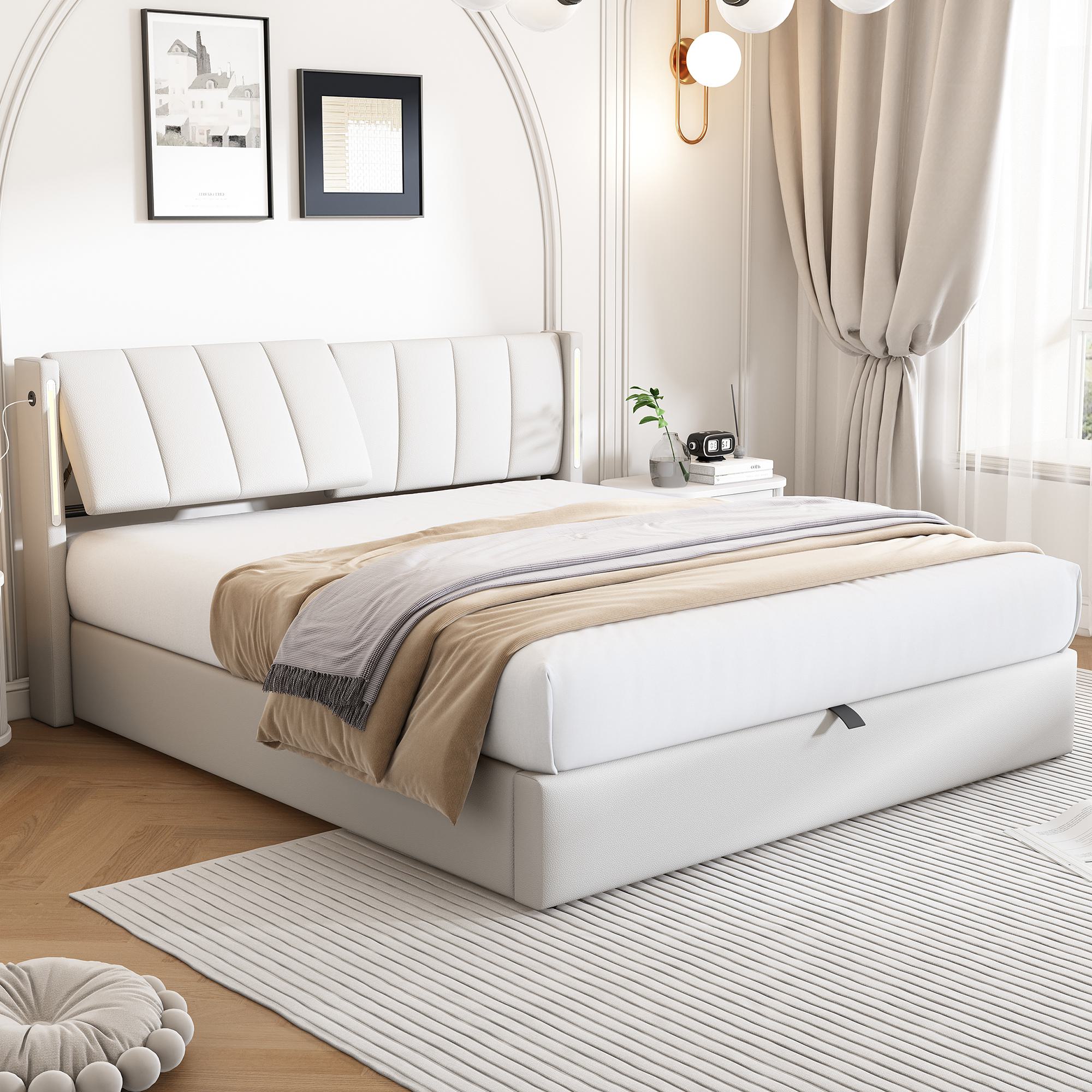 King Size LED Upholstered Bed with Hydraulic Storage & USB Port - White