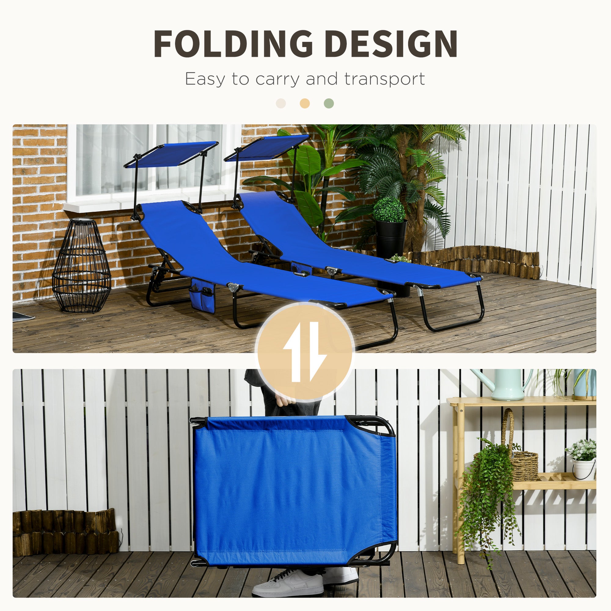 Set of Two Folding Sun Loungers, with Adjustable Backs and Sun Canopies - Blue