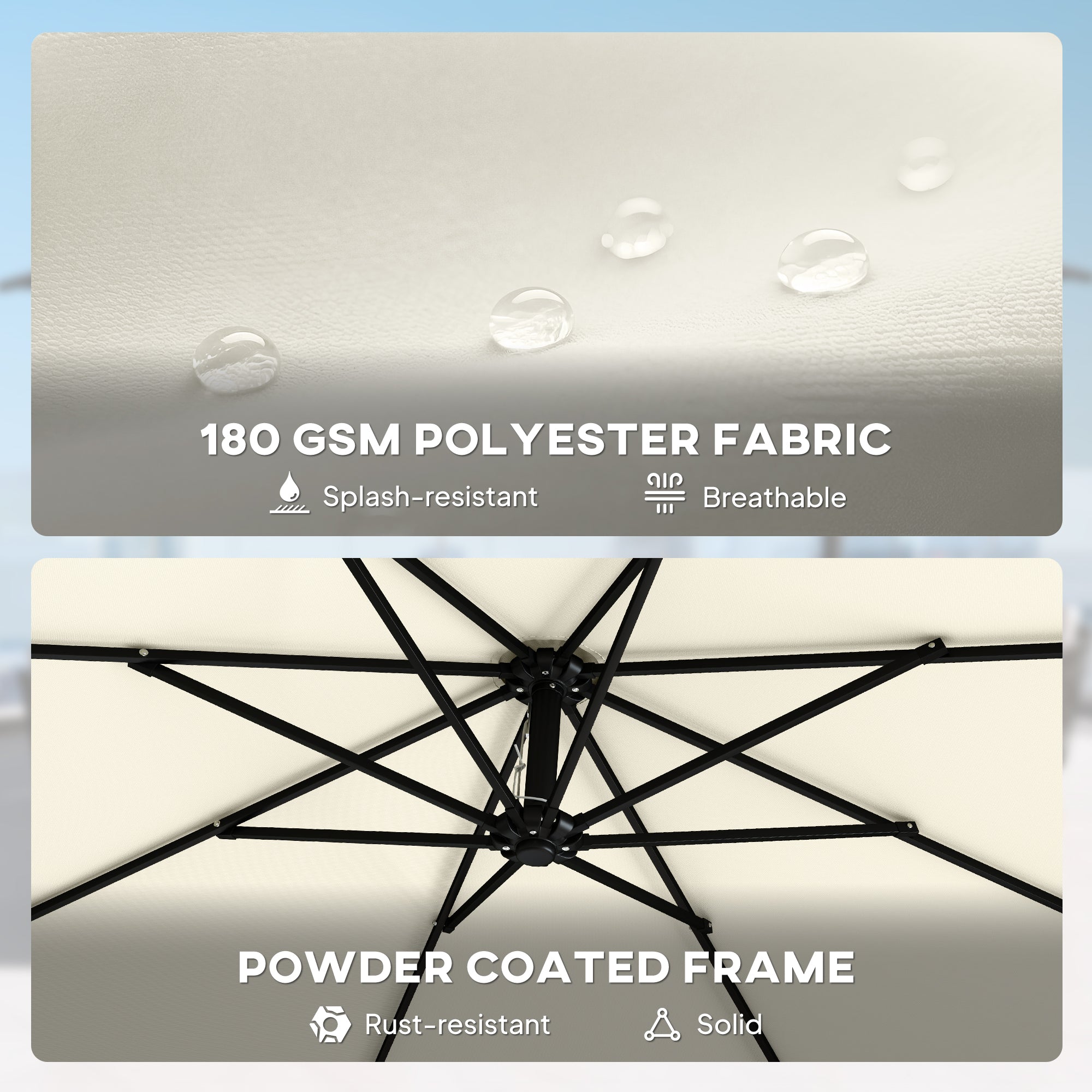 3 m Garden Cantilever Parasol with Cross Base, Sandbag, 360° Rotating Overhanging Banana Umbrella, Cream White