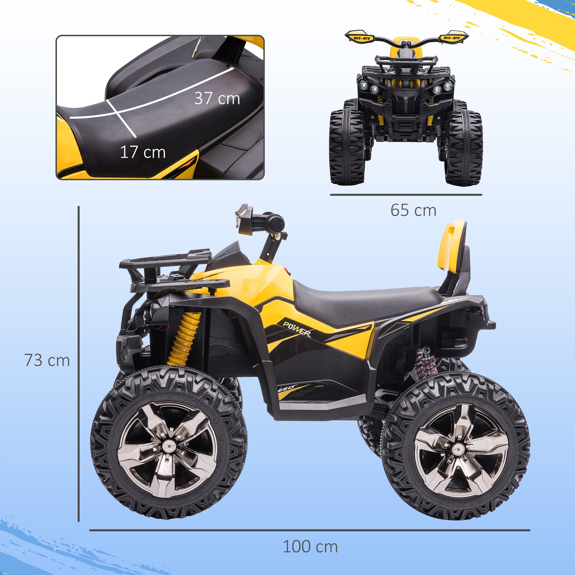 12V Quad Bike ATV with LED Lights, Music, Backrest, Forward, Backward, Yellow