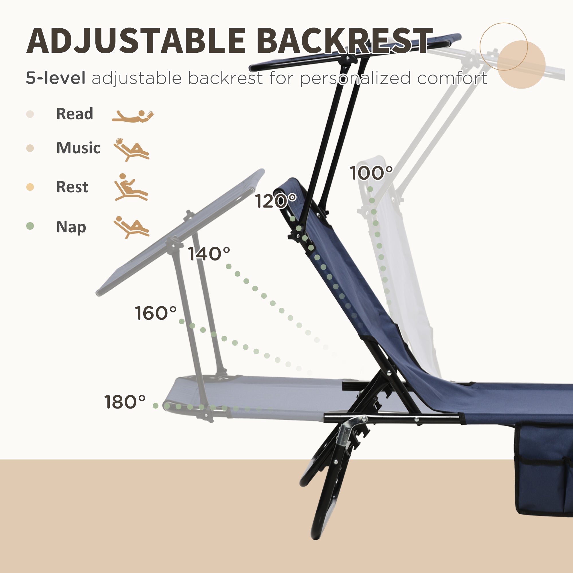 Set of Two Folding Sun Loungers, with Adjustable Backs and Sun Canopies - Dark Blue