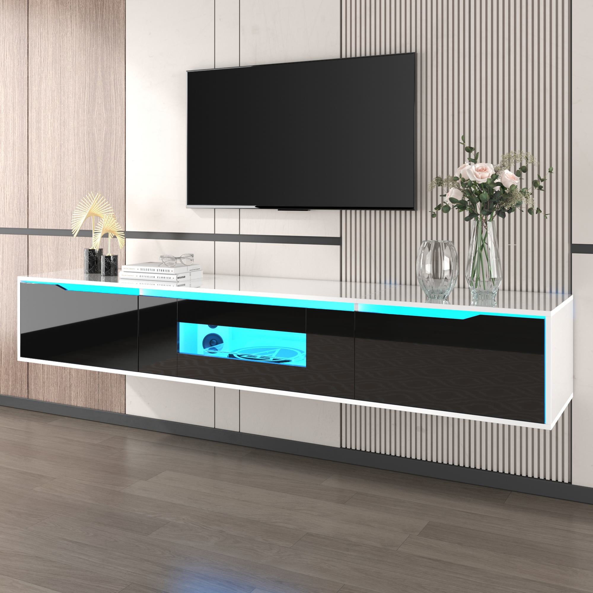 High-Gloss TV Cabinet with LED Lights, Modern Design, Versatile Mounting Options, 180L x 35W x 30H cm, Black