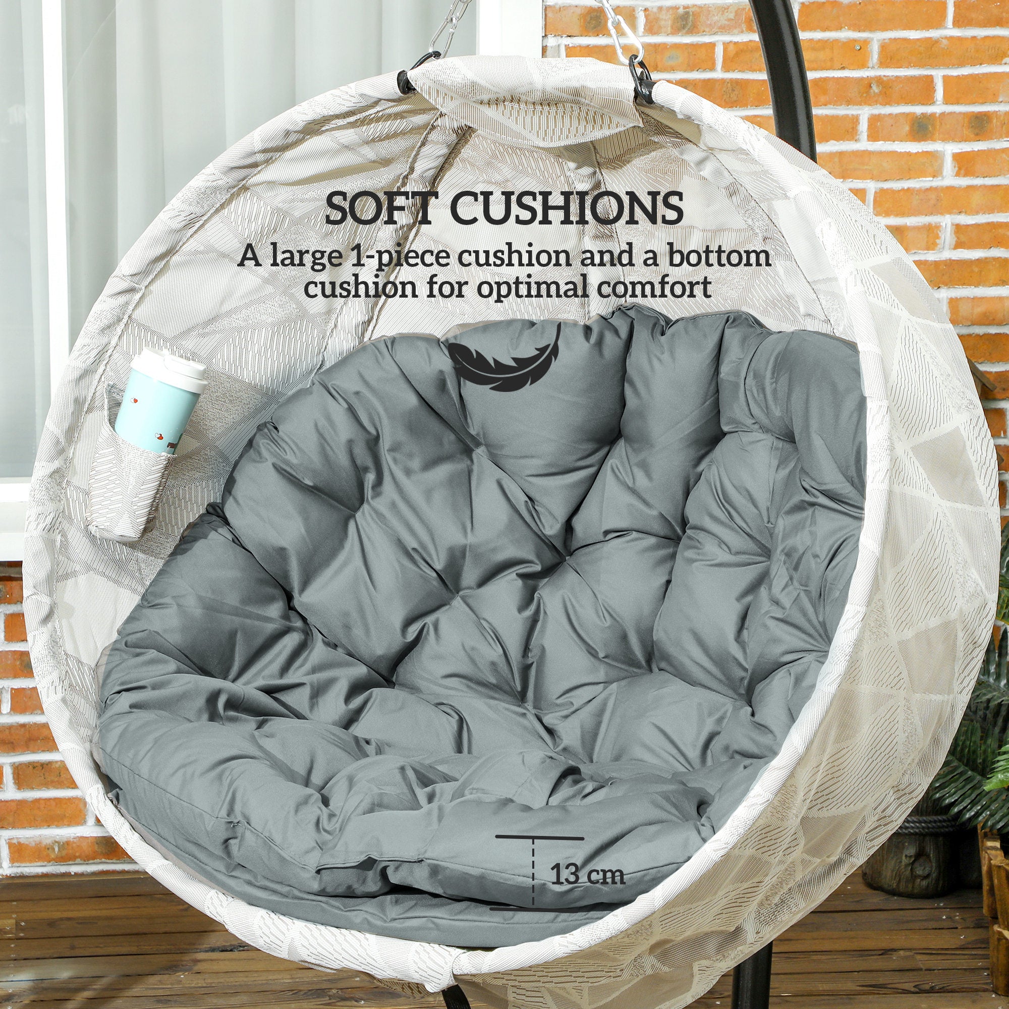 Hanging Egg Chair with Stand and Thick Cushion Grey