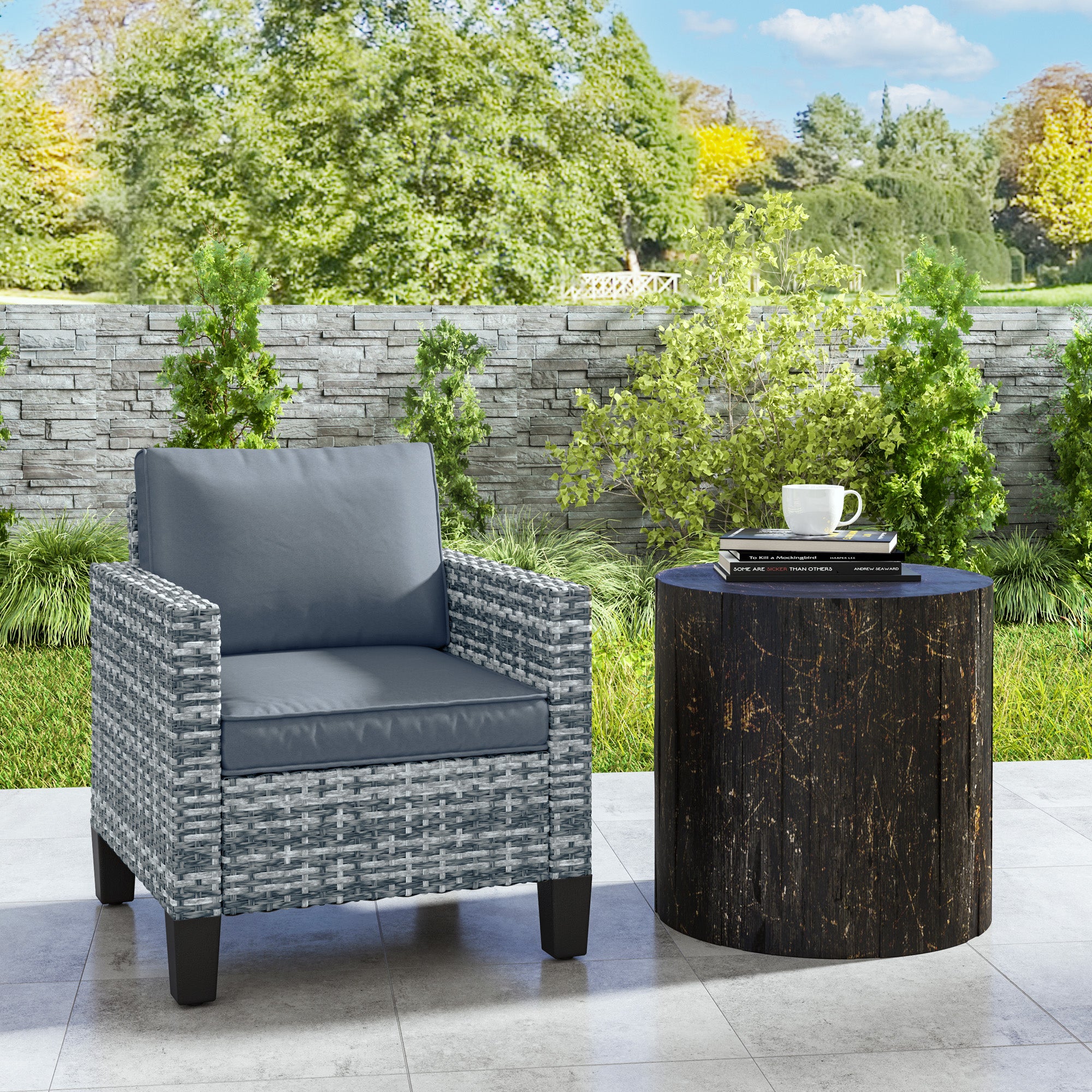 Single Rattan Armchair with Cushions for Outdoor Seating - Light Grey